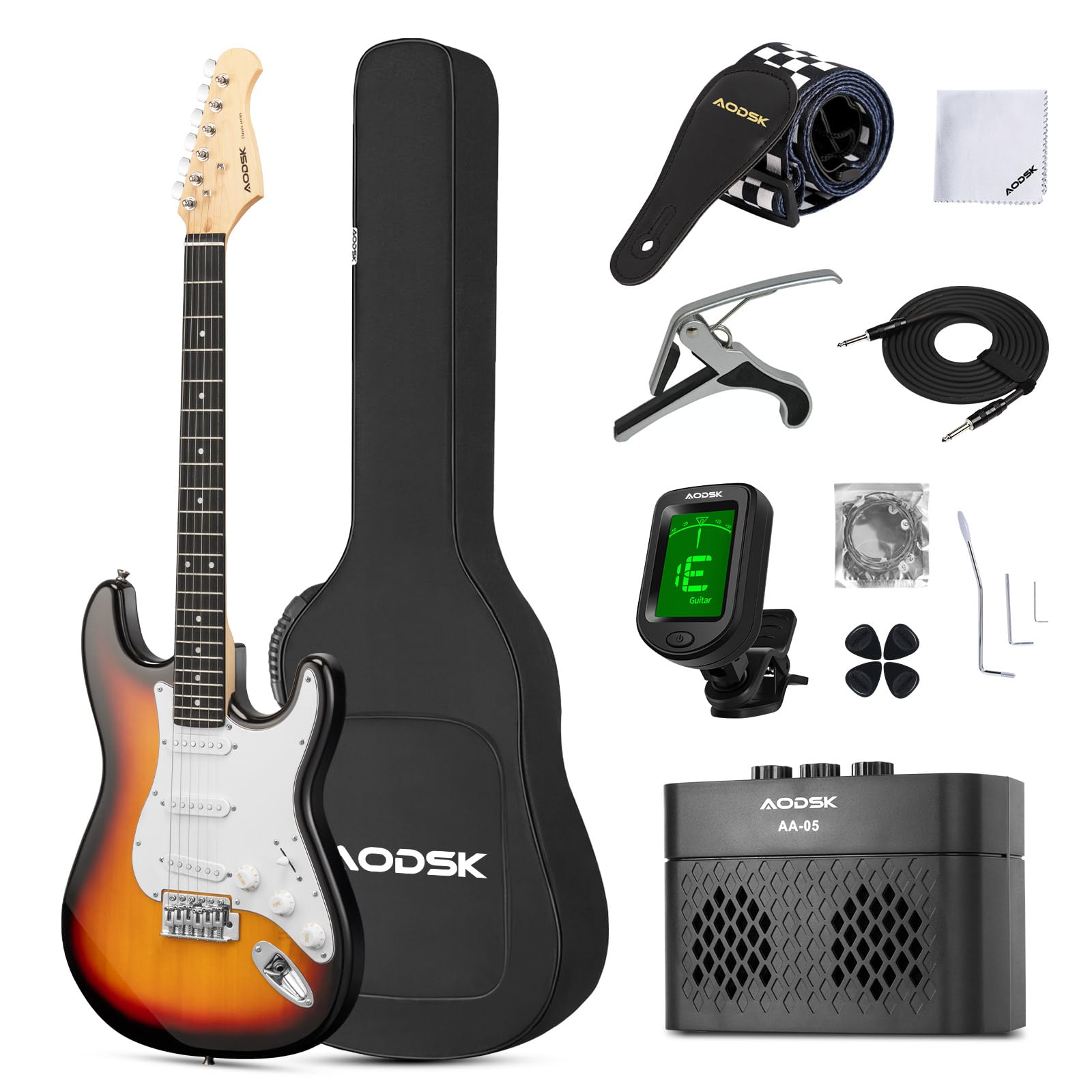 AODSK Electric Guitar with Amp Beginner Kit 39 Inch Solid Body Full Size,All Accessories,Digital Tuner,Six Strings,Four Picks,Tremolo Bar,Strap,Gig Bag,Starter kit (Blue-HSS)