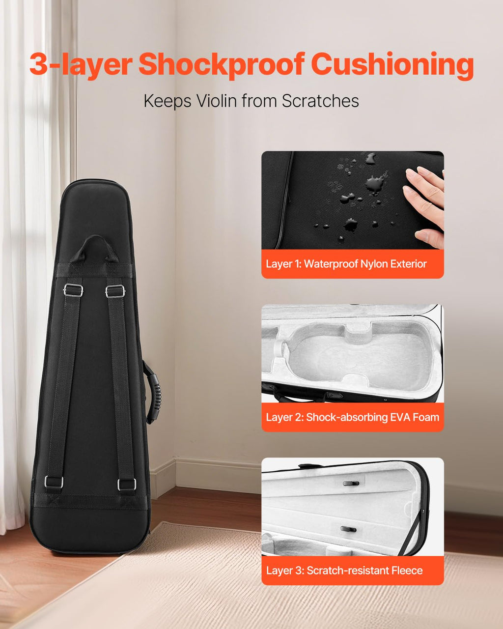VEVOR 4/4 Full Size Violin Case, Built-in Hygrometer, Lightweight Portable Travel Carrying Bag, with Plush Lining, Dual Shoulder Straps, Anti-Scratch, Professional Triangular Shape, for Violin, Black