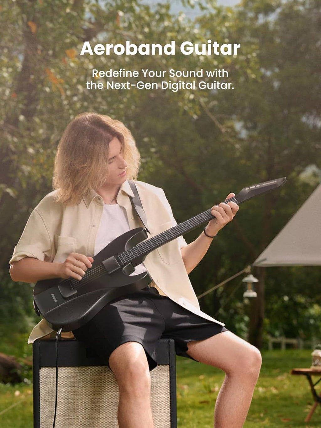 AeroBand Guitar Smart Guitar With Silicone Strings, Travel Silent Guitar With Detachable Fretboard, Headphone Jack, Built-in Speaker and Drum system, Aeroband APP Play, MIDI