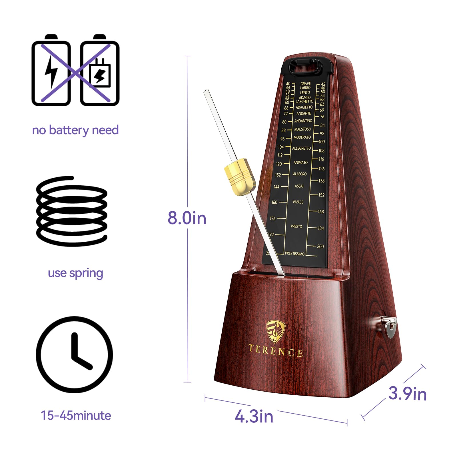 Mechanical Metronomes for Piano Guitar Drum Violin and Other Musical Instruments with Loud Sound and Accurate Beat Multiple Beat Modes for Beginners(Walnut Color)