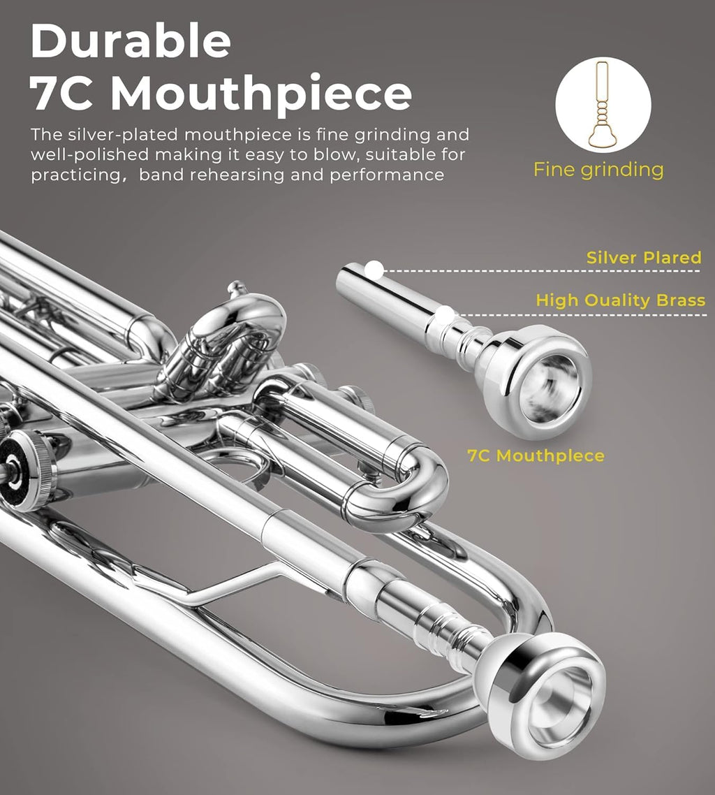 Vangoa Bb Trumpet Brass Standard Black Trumpet Instrument for Student School Band Orchestra Adult Kid Beginner with Hard Case, Stand, Cleaning Kit, White Gloves, Valve Oil and 7C Mouthpiece