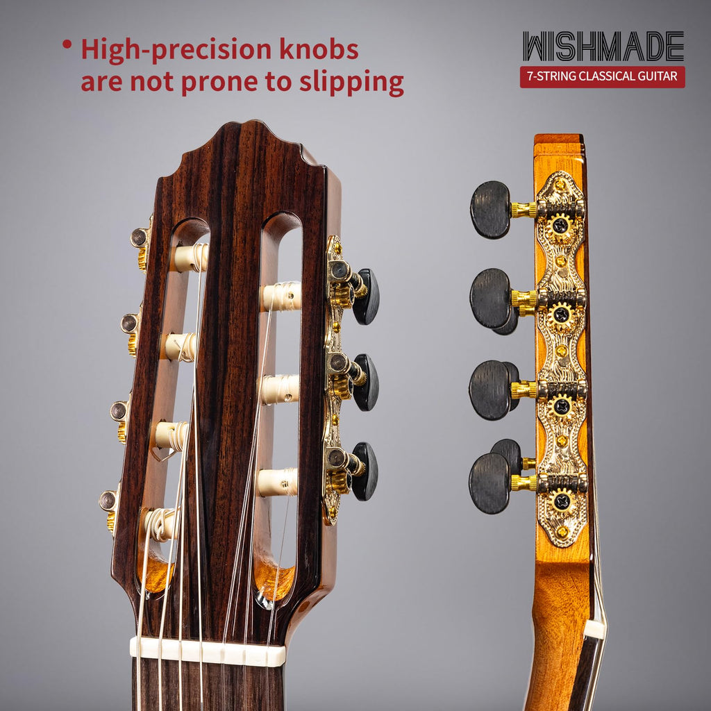 WishMade 7 String Acoustic Classical Nylon Guitar with Gig Bag | Red cedar top, rosewood fingerboard,Additional low B string for classical, jazz, flamenco, fingerstyle playing, adults