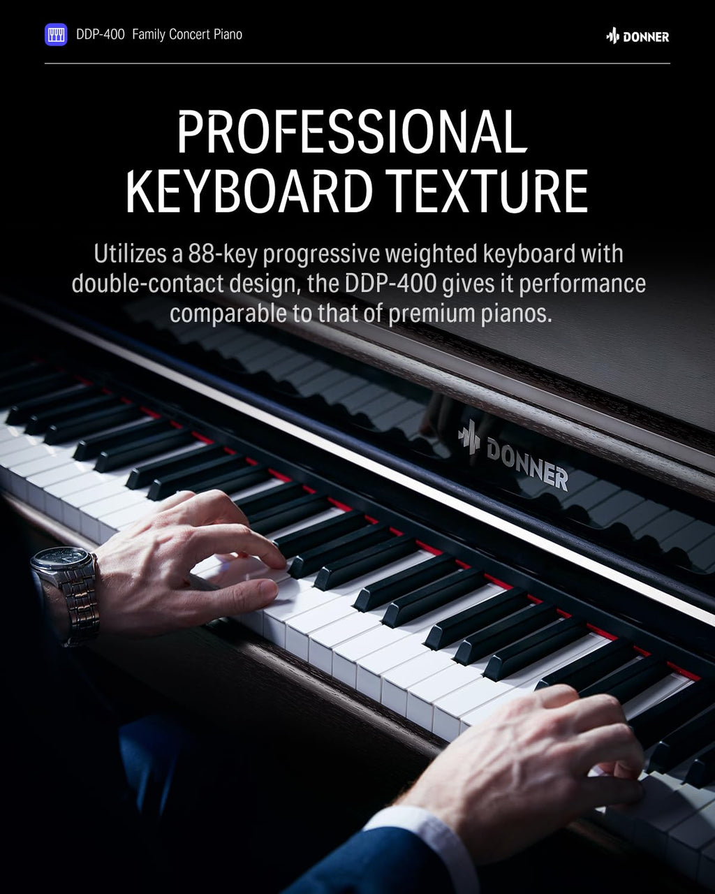 Donner DDP-400 Digital Piano with 88 Key Progressive Weighted Keyboard, Premium Upright Piano Keyboard for Professional, Bundle with Headphone, Bluetooth, Record,138 Tones,100 Rhythms, LCD, Brown
