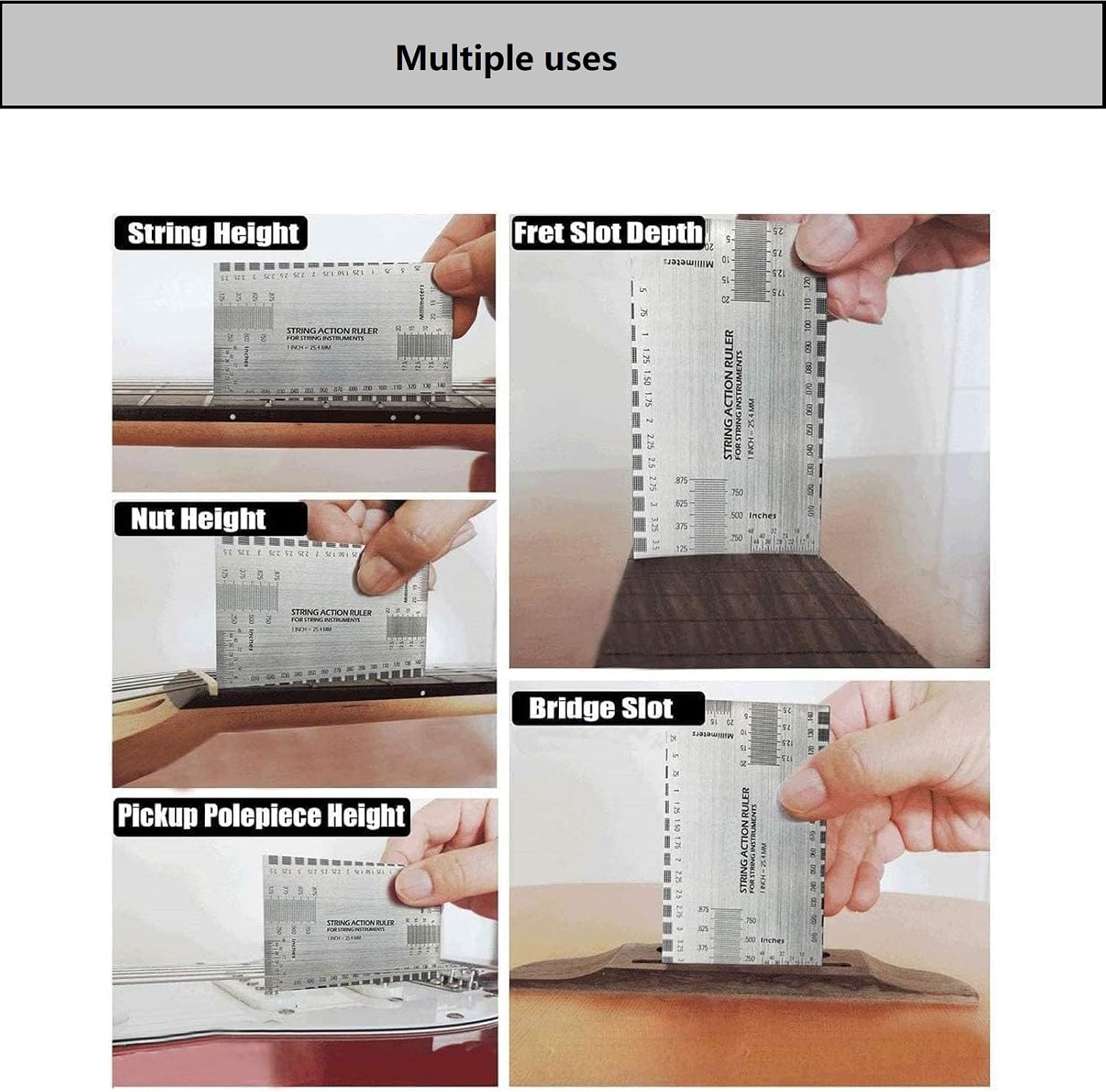 11Pcs Guitar Luthier Tools Include 1Pcs String Action Gauge Ruler 1Pcs Guitar String Pitch Ruler 9Pcs Understring Radius Gauge, Guitar String Height Measuring Set Up Repairing Tool