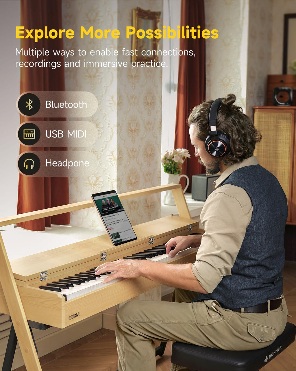 Donner OURA R300 88 Key Weighted Keyboard Piano for Advanced, Home Digital Piano with 88 Keys Graded Hammer Standard Keyborad, Bluetooth, LOCAL OFF, 2*15W, Half-pedal, 256 Polyphony, Walnut Wood Color