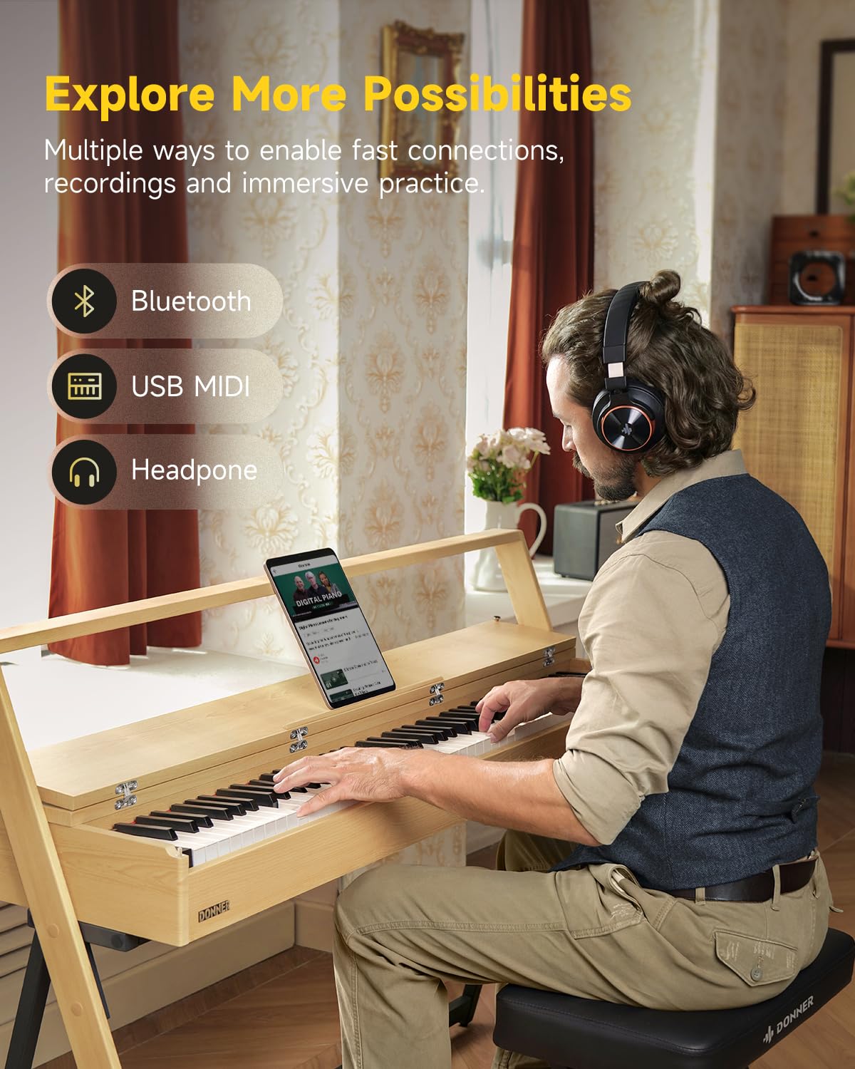 Donner OURA R300 88 Key Weighted Keyboard Piano for Advanced, Home Digital Piano with 88 Keys Graded Hammer Standard Keyborad, Bluetooth, LOCAL OFF, 2*15W, Half-pedal, 256 Polyphony, Walnut Wood Color