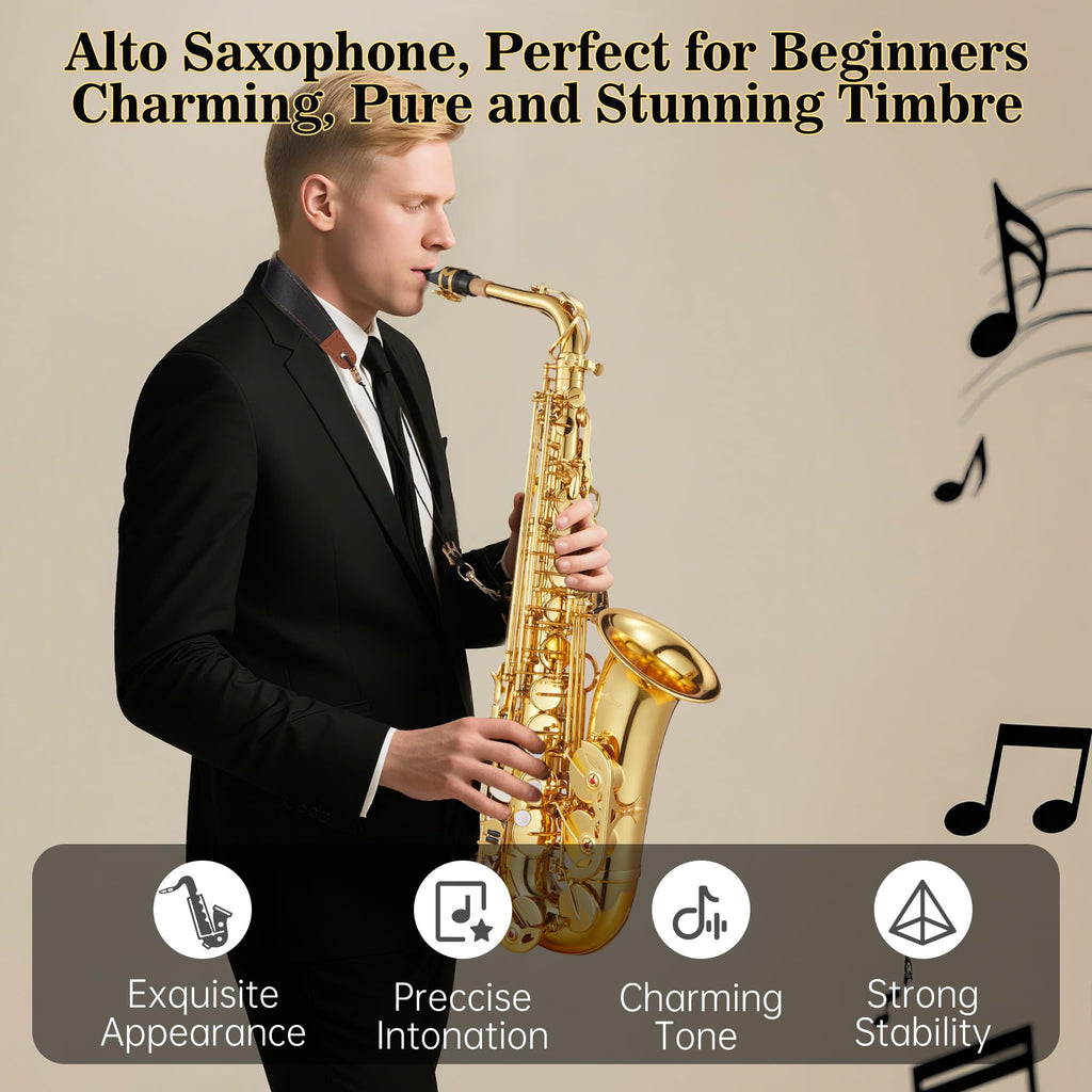 Tenor Saxophone for Beginner Kit with Cleaning Cloth, Case, Mouthpiece, Neck Strap, Reeds