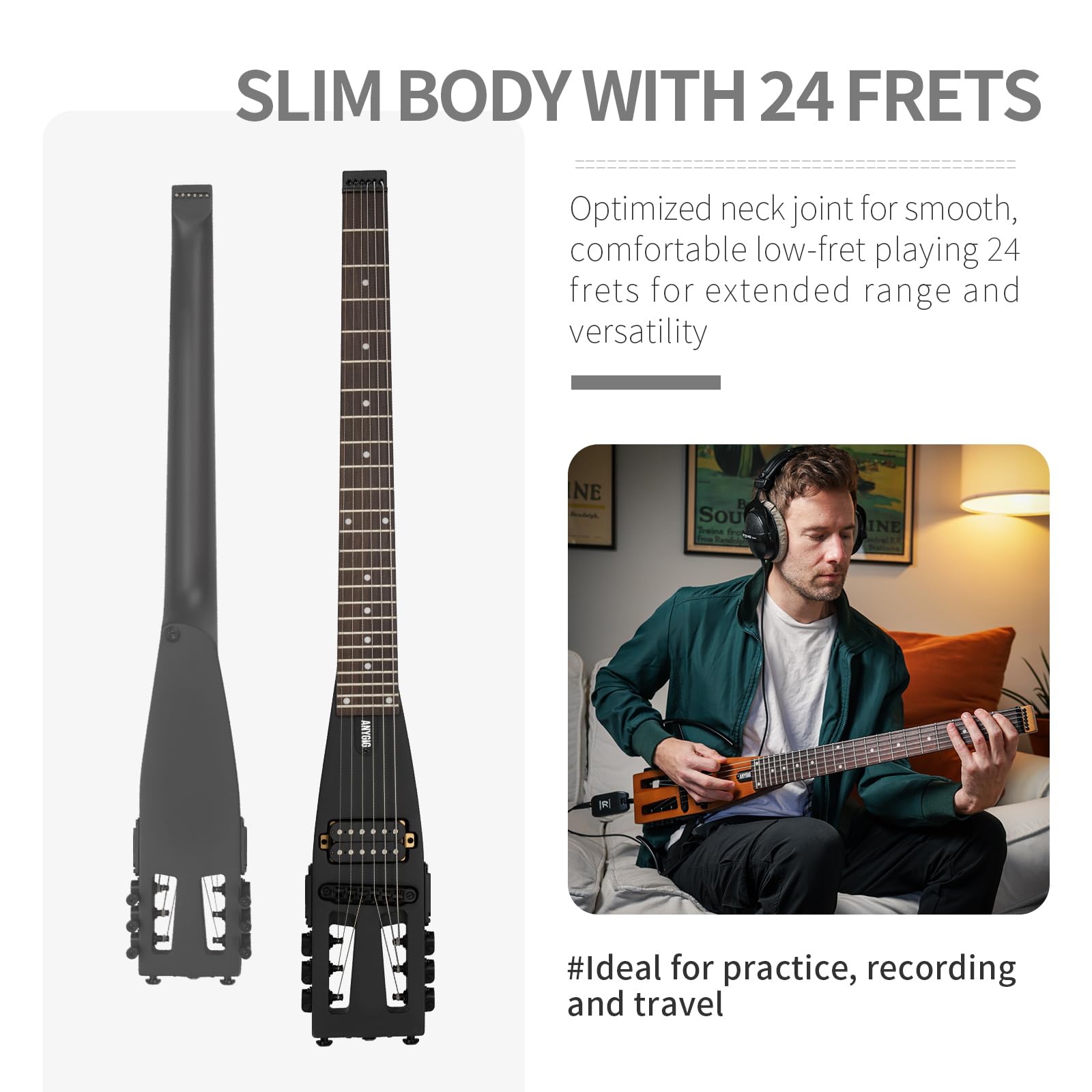 Anygig Travel Electric Guitar Headless – Portable Ultra-Light and Quiet, Full-Scale 25.5” Rosewood Fingerboard, Glow Humbucker, Gig Bag, Removable Stands for Left and Right Black
