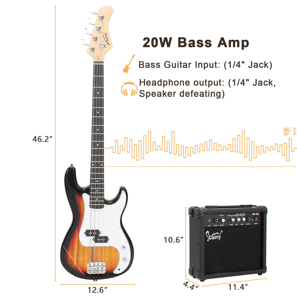 GLARRY Full Size Electric Bass Guitar Beginner Kit 4 String Exquisite Basswood Bass with 20W AMP, Cable, Strap, Bag and Accessories (Black, 39"Right Handed)