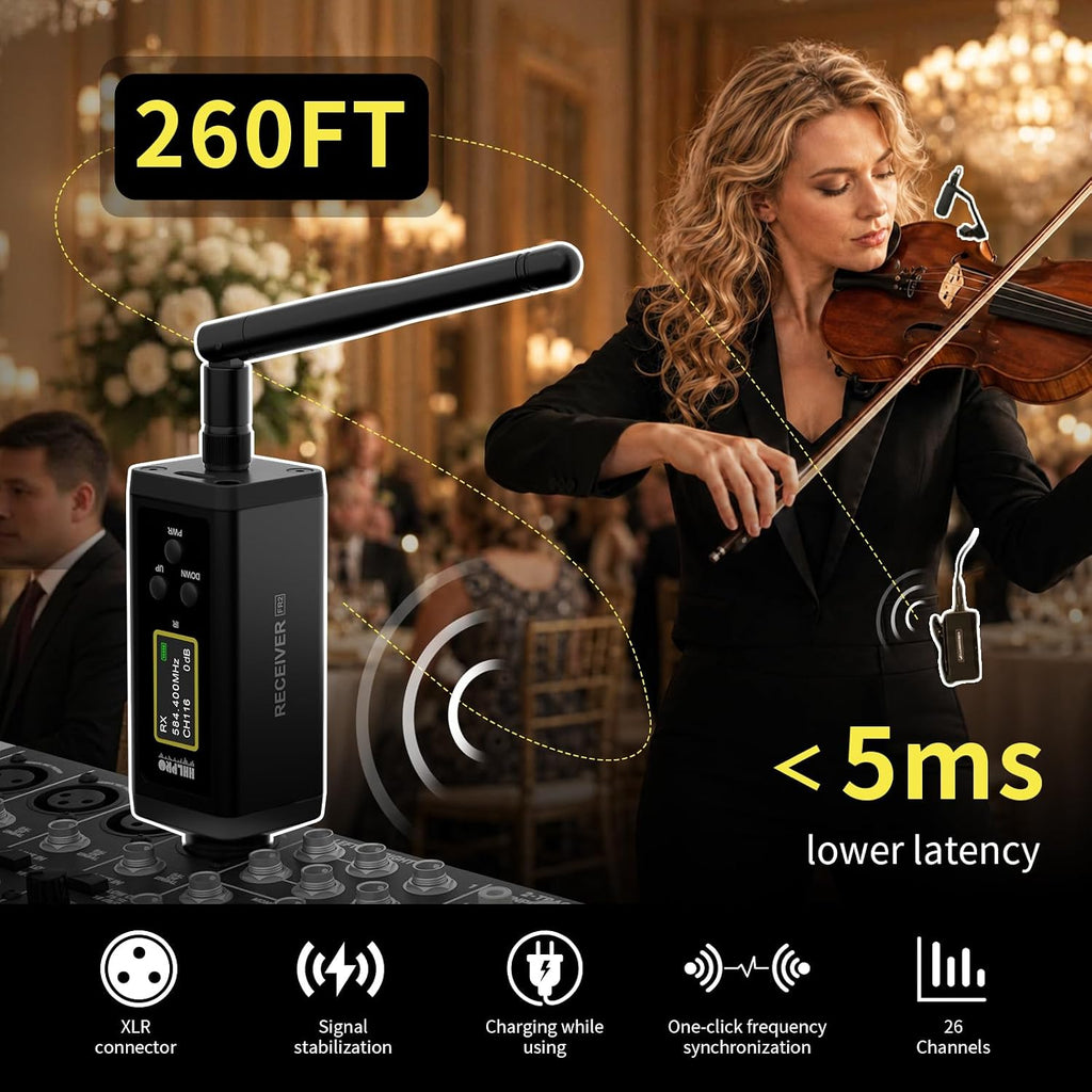UHF Wireless Violin Microphone System for Musicians, Banjo, Mandolin | 260FT Range, Dual Volume Control, Instrument Pickup Clip-on Mic, XLR Transmitter and Receiver for Active PA Systems, F40V