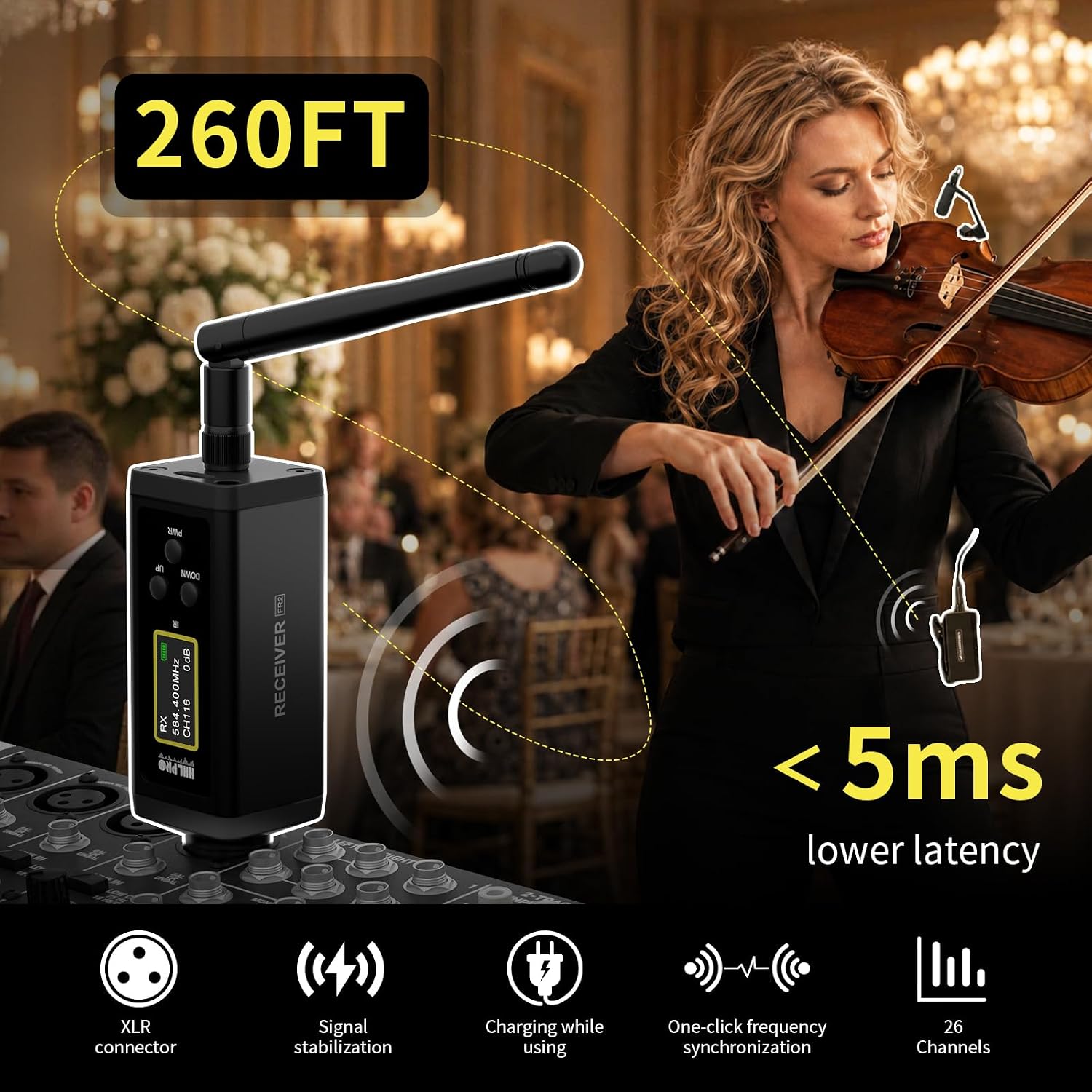 UHF Wireless Violin Microphone System for Musicians, Banjo, Mandolin | 260FT Range, Dual Volume Control, Instrument Pickup Clip-on Mic, XLR Transmitter and Receiver for Active PA Systems, F40V