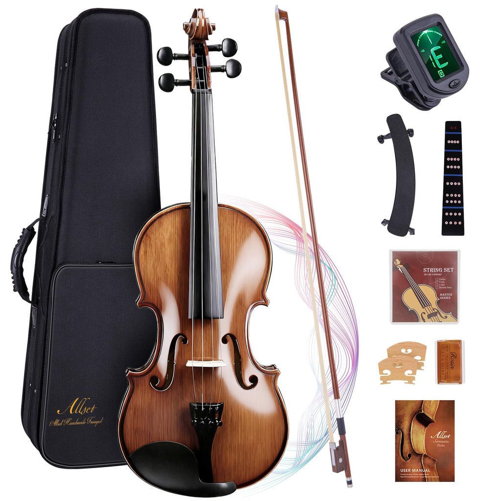 Allset Violin Fiddle Set: 4/4 Polished Violin Kit for Beginners, Acoustic Violin with Hard Case, Solidwood Handmade Starter Kit with Bow, Rosin, Shoulder Rest, Tuner, Strings-Burgundy (yellow, Full)
