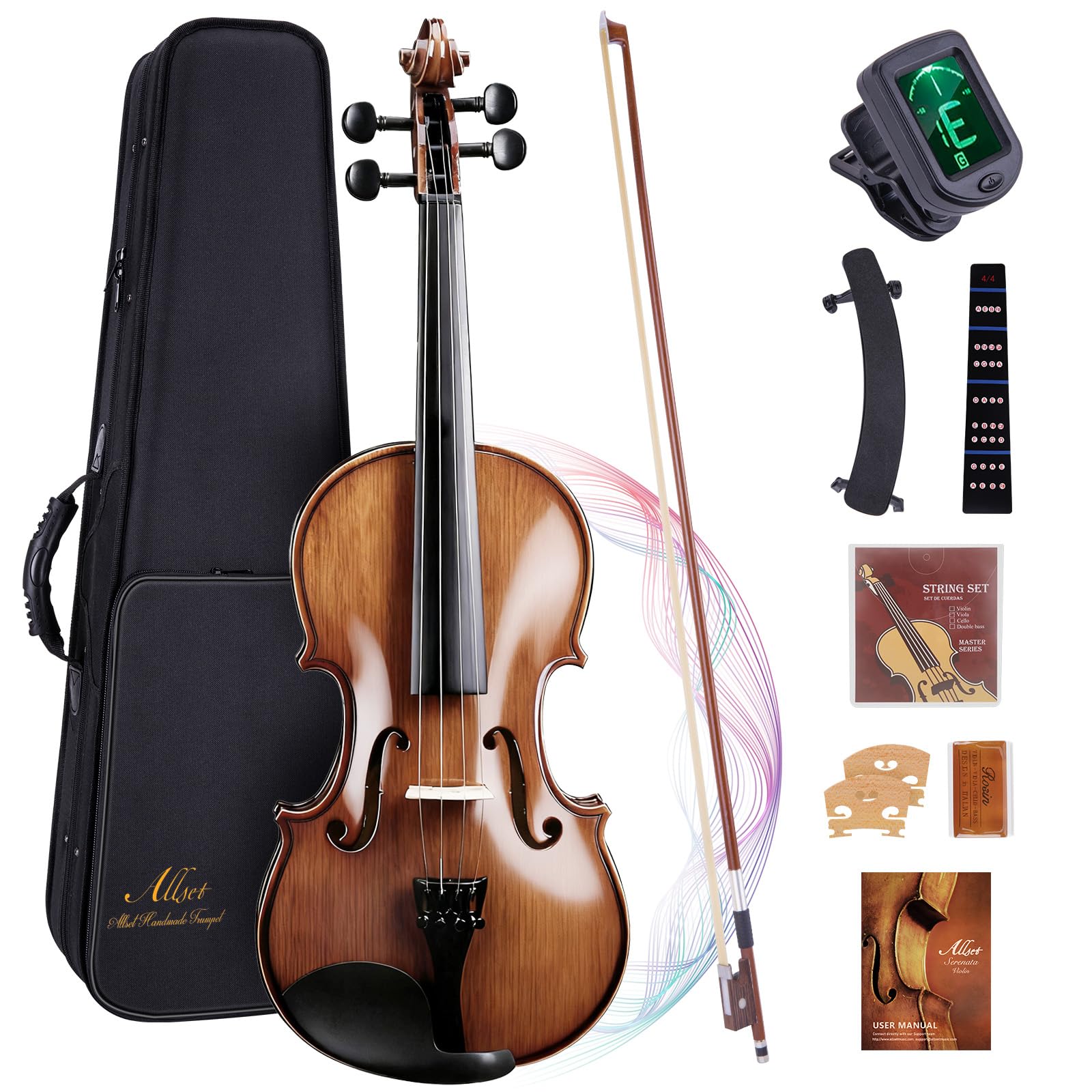 Allset Violin Fiddle Set: 4/4 Polished Violin Kit for Beginners, Acoustic Violin with Hard Case, Solidwood Handmade Starter Kit with Bow, Rosin, Shoulder Rest, Tuner, Strings-Burgundy (yellow, Full)