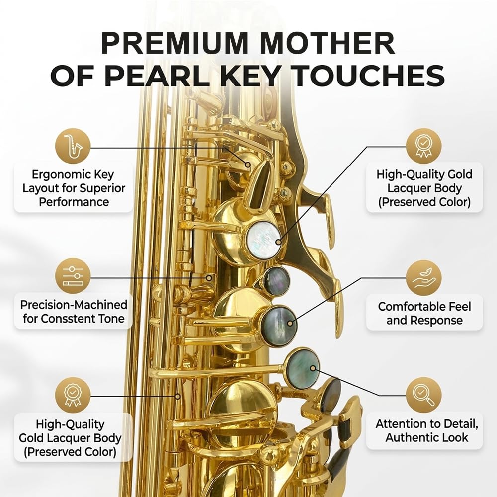 Beginner Alto Saxophone, E Flat - Complete Starter Kit with Case & 10 Reeds, for Adults & Students, Easy to Play for School Band & Practice(Gold)