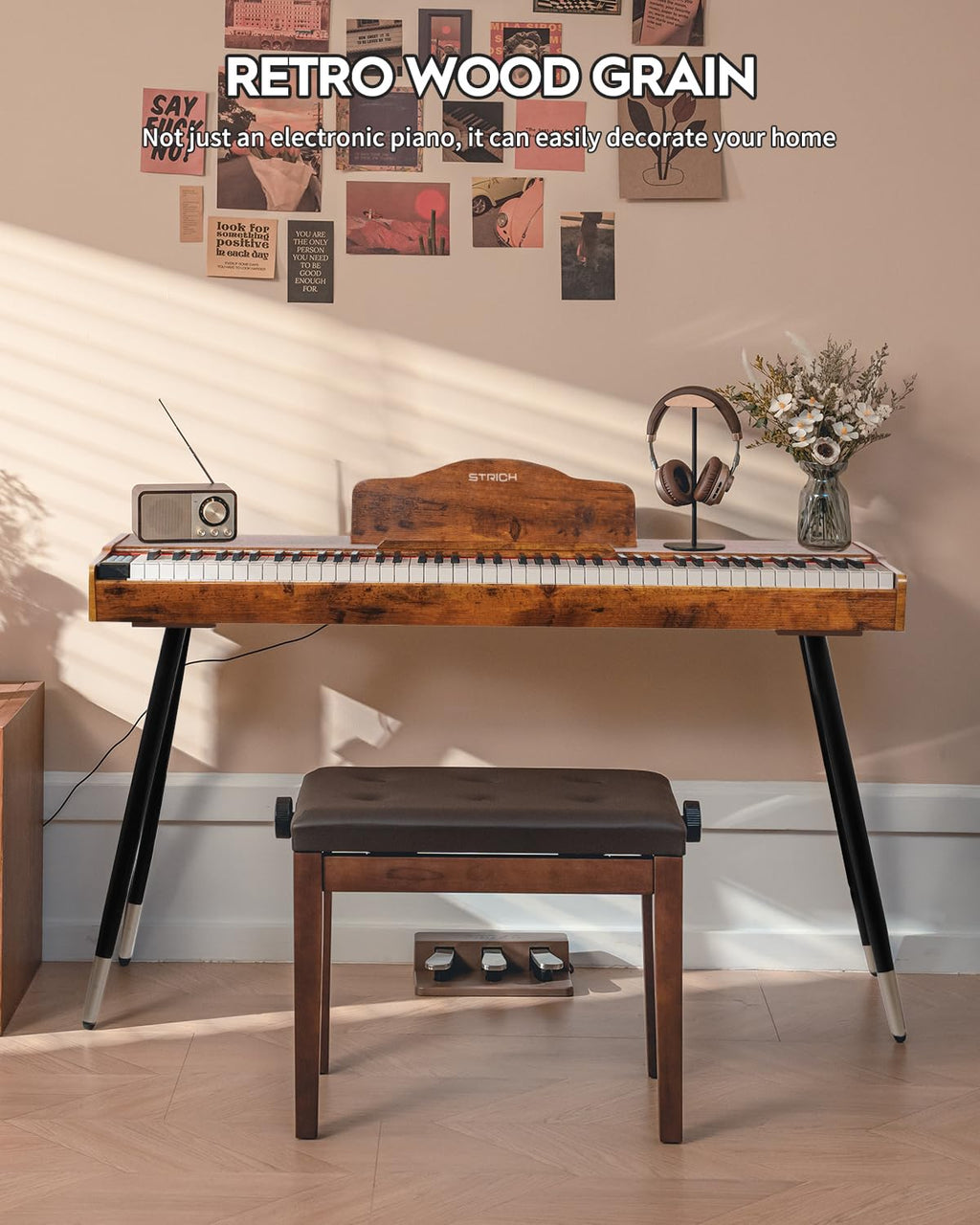 STRICH Digital Piano 88 Keys, Hammer-Action Weighted Keyboard, Full size Electric Piano Keyboard with Stand, 25Wx2 Speakers, Supports USB-MIDI/Wireless Connecting SDP-300S (Color Mahogany)