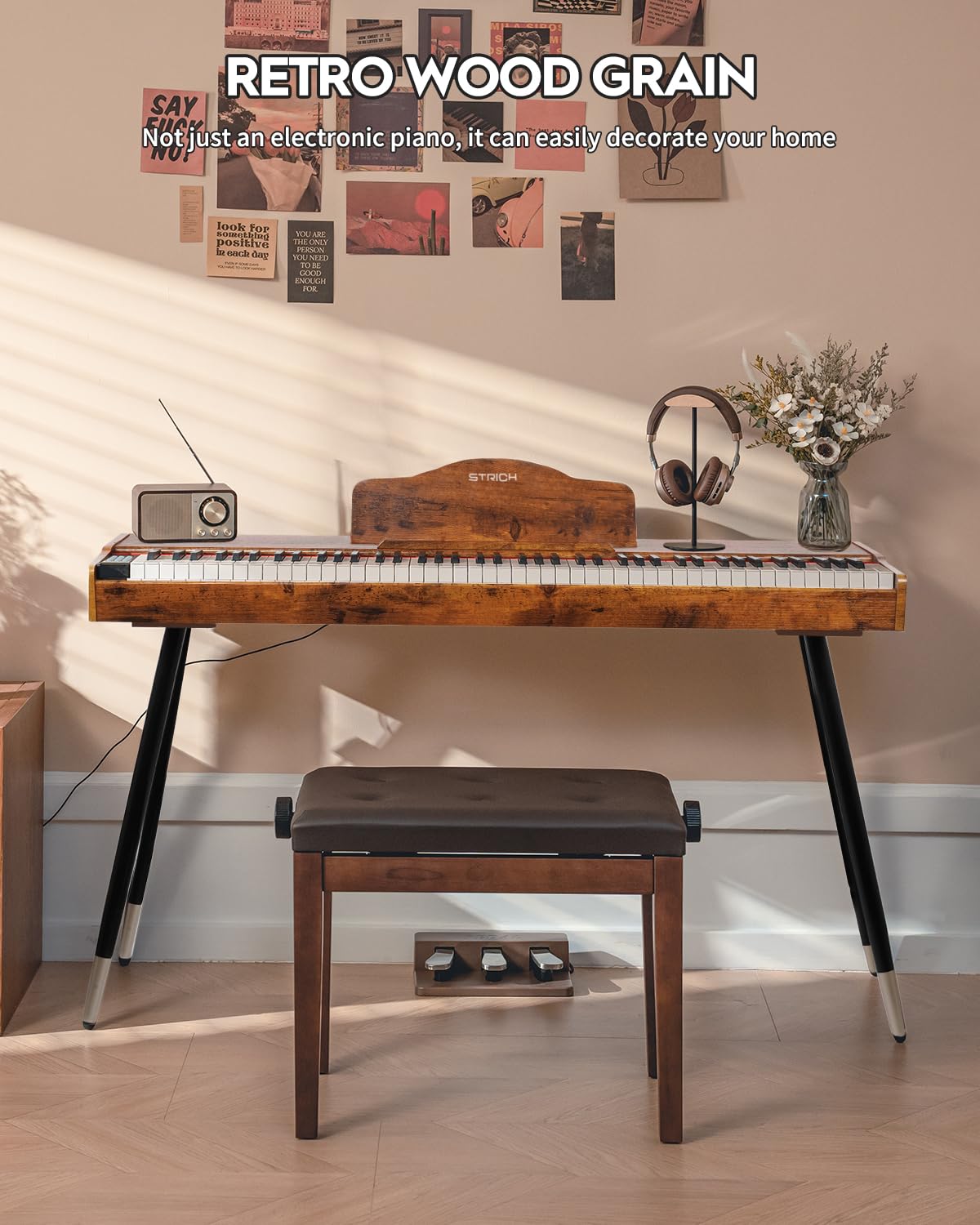 STRICH Digital Piano 88 Keys, Hammer-Action Weighted Keyboard, Full size Electric Piano Keyboard with Stand, 25Wx2 Speakers, Supports USB-MIDI/Wireless Connecting SDP-300S (Color Mahogany)