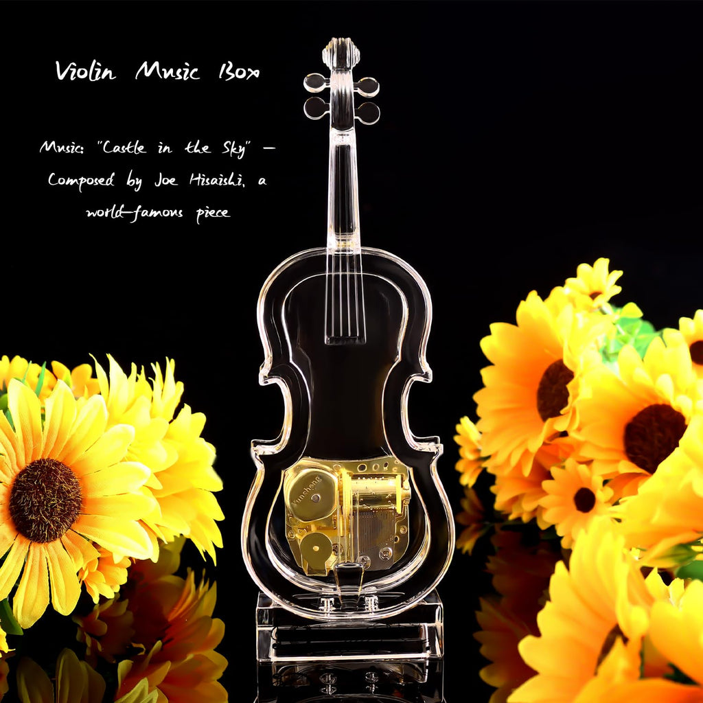 Large - Violin Music Box Mechanical Clockwork Crystal Violin High-End Acrylic Ornament Crystal Craft (Music: Castle in The Sky)