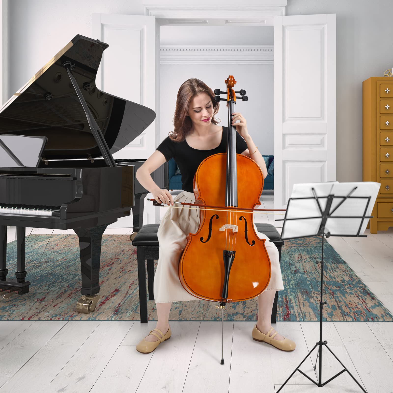 Ktaxon Full-Size Cello, Beginner Cello 4/4, Acoustic Cello Set with Portable Bag, Bow, Rosin, Bridge, Adults & Kids String Musical Instruments(White)