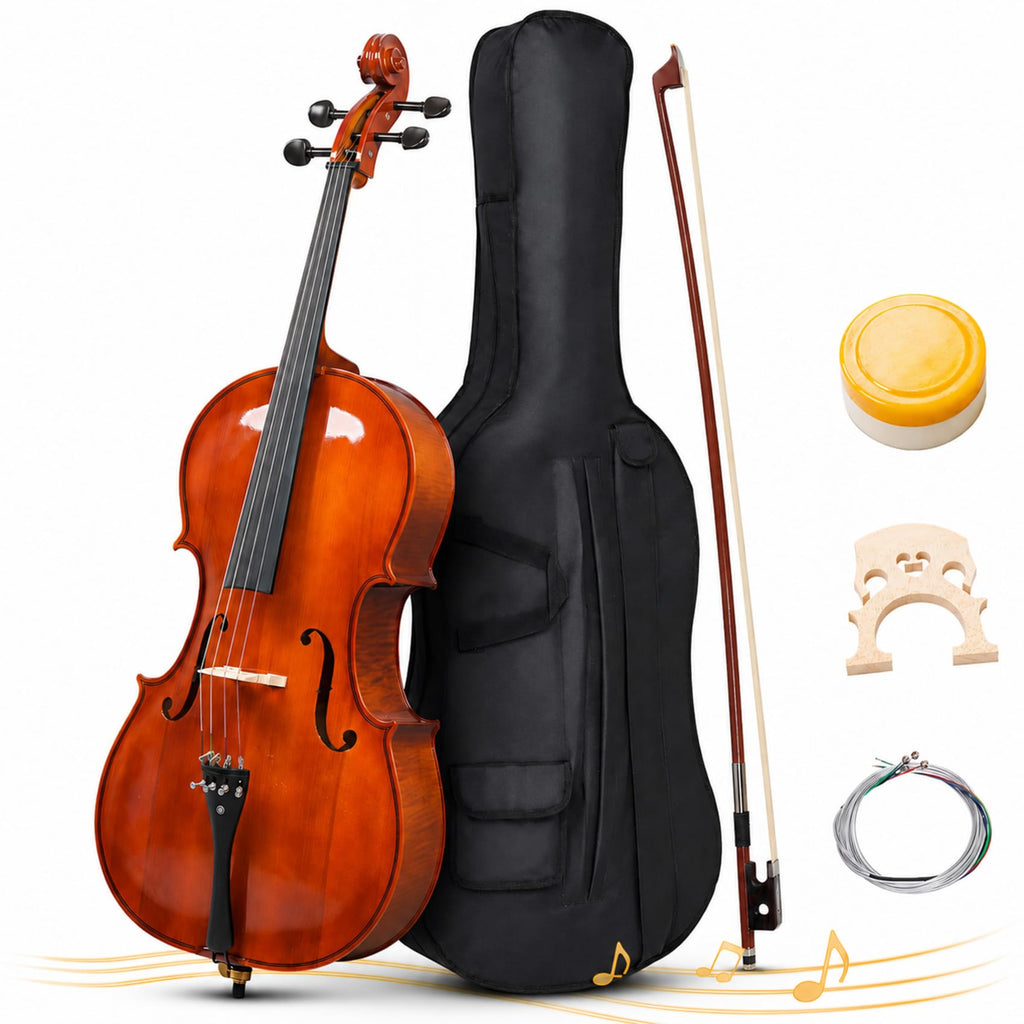 Cello 4/4 Full Size, Beginner Cello Instrument for Adults, Acoustic Cello Set with Padded Bag, Extra Strings, Bridge, Bow & Rosin – for Lessons, Home Practice & School Orchestra, Matte Natural