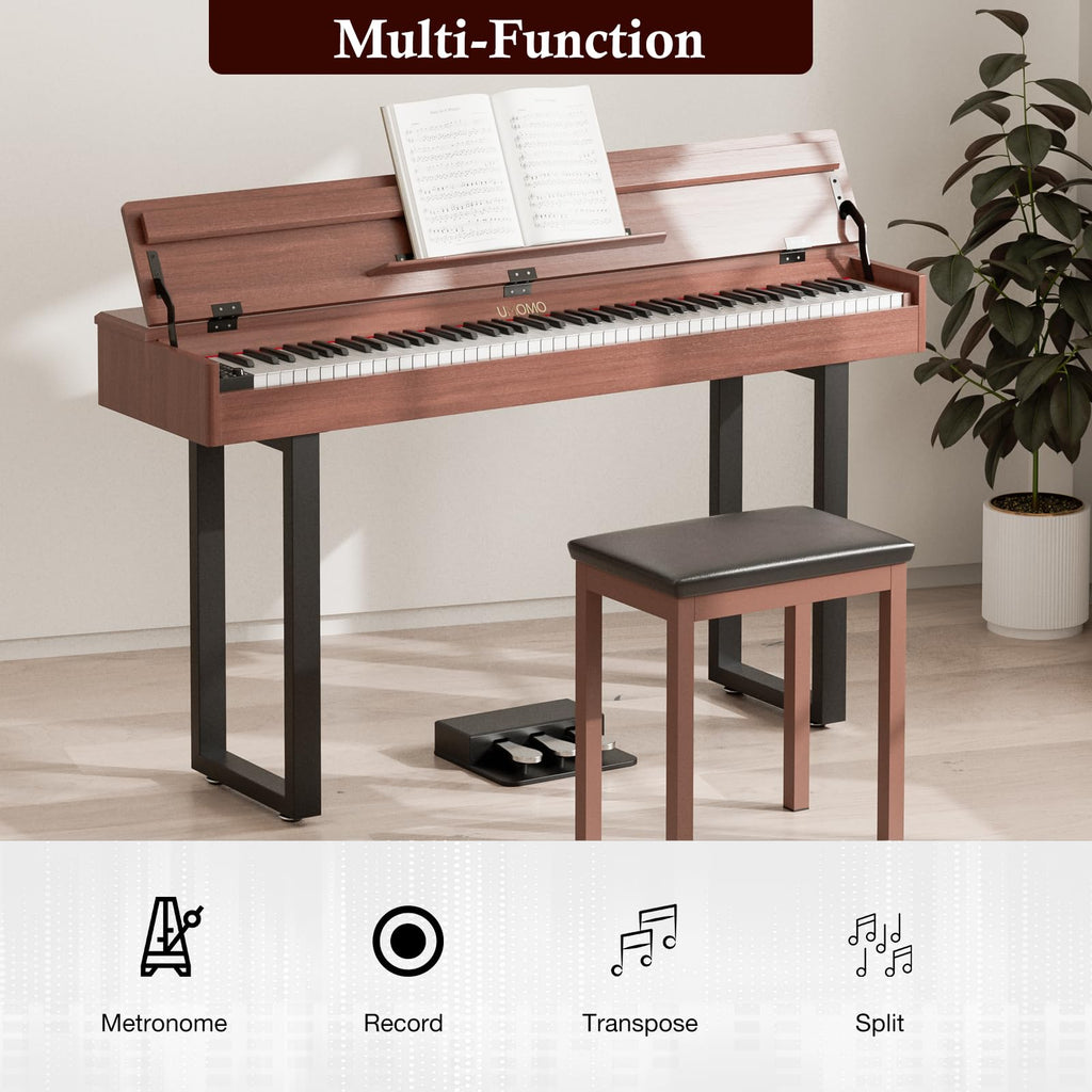 UMOMO 88 Key Weighted Digital Piano with Progressive Hammer Action, Metal Stand & Single Bench, Triple Pedals, USB MIDI, 128 Tones/Rhythms – Full Size Electric Keyboard for Beginners