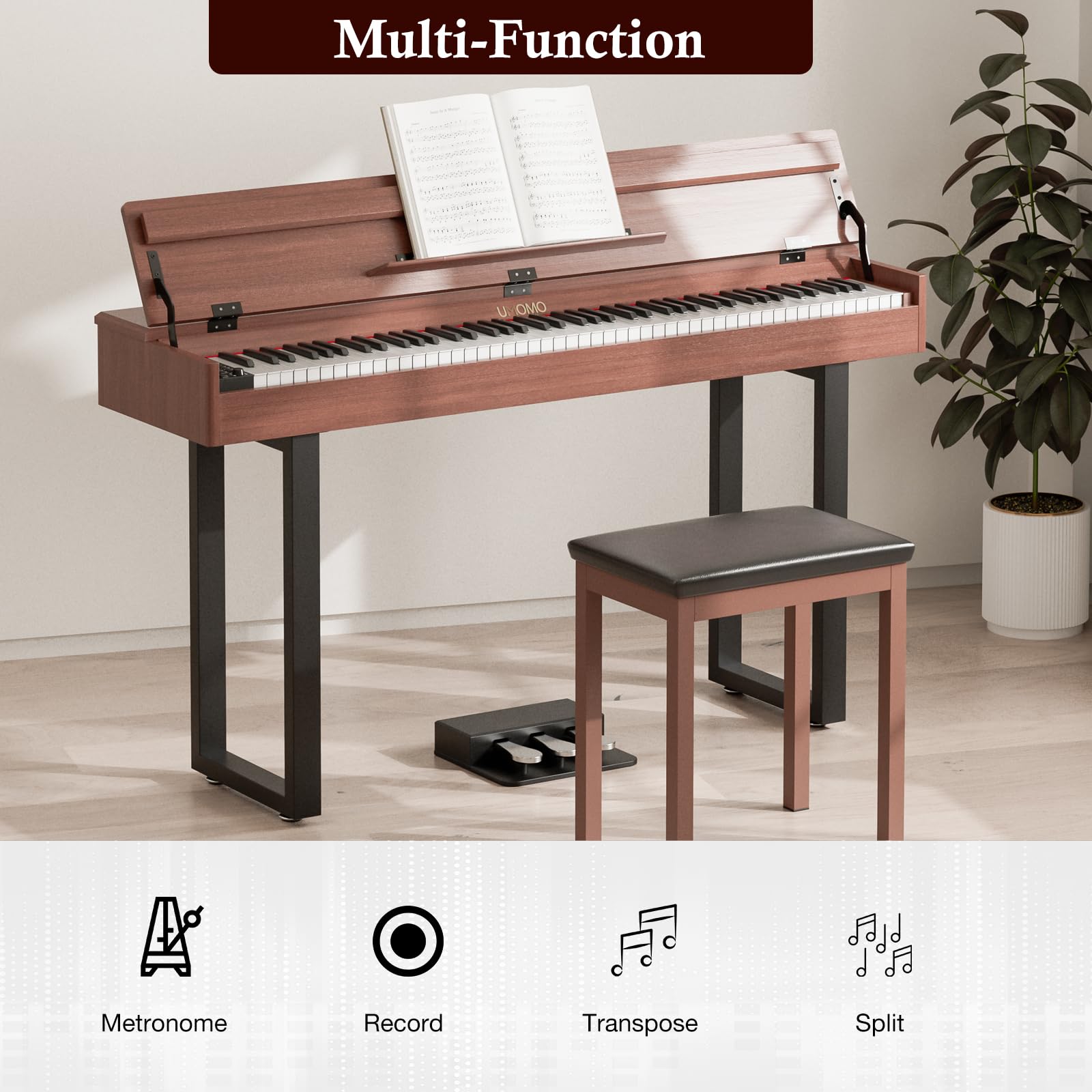 UMOMO 88 Key Weighted Digital Piano with Progressive Hammer Action, Metal Stand & Single Bench, Triple Pedals, USB MIDI, 128 Tones/Rhythms – Full Size Electric Keyboard for Beginners