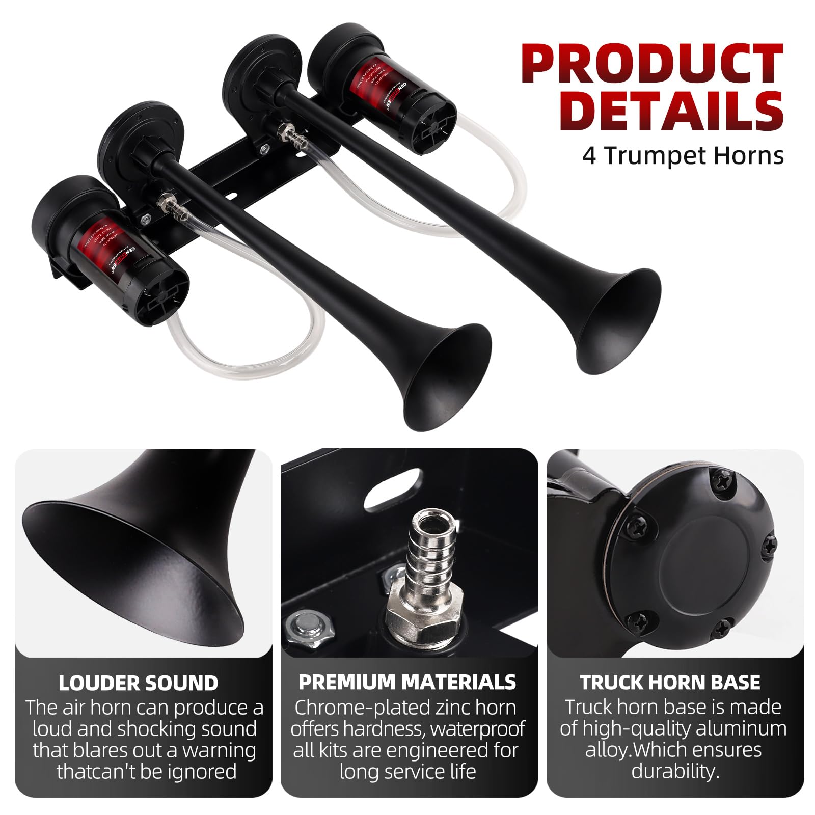 Dual 2-Trumpet Metal Air Horn for truck Kit with 2 air Compressors,12V 150dB Ultra Loud impact train car horn moto horn is suitable for pickup/SUV/Boat (Two-tube integrated)