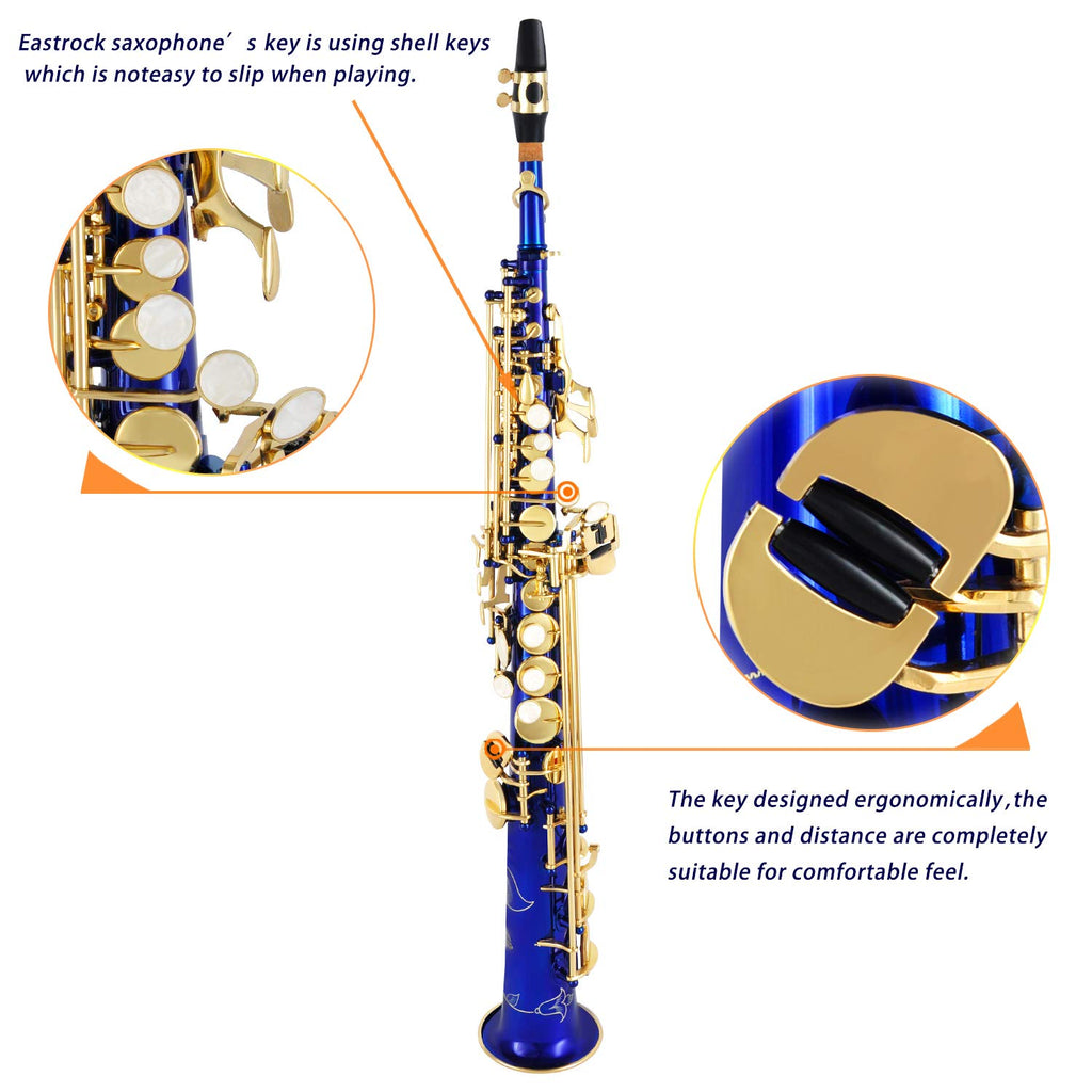 EASTROCK Soprano Saxophone Curved Bb Flat Black Sax Instruments for Beginners Intermediate Players with Carrying Case,Mouthpiece,Pads,Reed,Cleaning kit,neck Strap,White Gloves