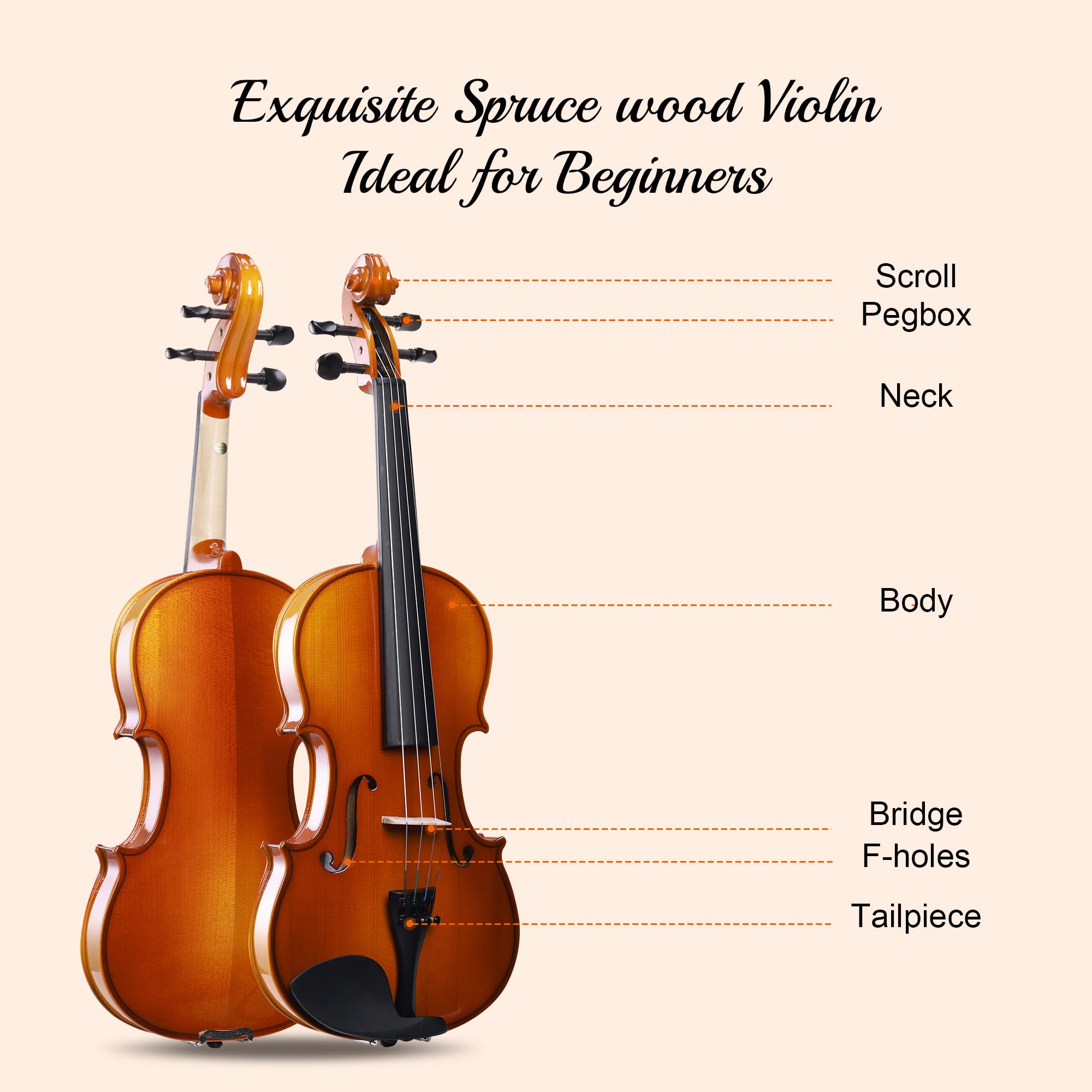 ADM Acoustic Violin for Beginner 4/4 Full Size Violin Set Solid Wood Ebony for Adult Teen Student Starter Kit with Hard Case, Shoulder Rest, Bow, Music Stand, Strings, Free Lessons (Sepia, 4/4 Size)