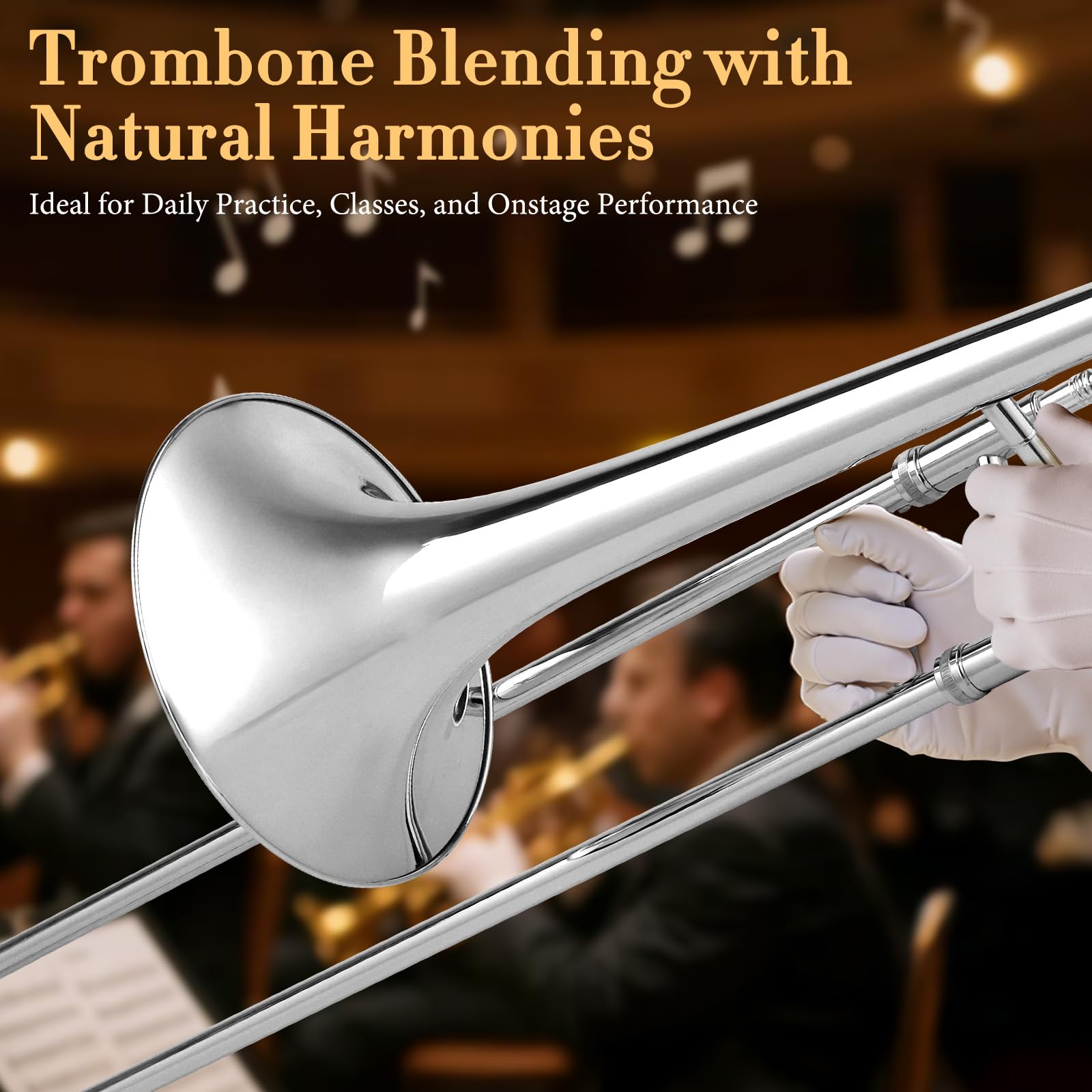 Ktaxon B Flat Tenor Trombone with Mouthpiece, Brass Slide Bb Trombones for Beginners, Portable Instrument Includes Cleaning Cloth, Gloves and Trombone Case (Golden)