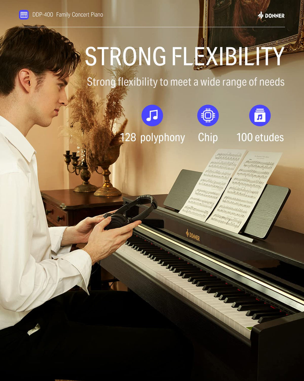Donner 88 Key Weighted Keyboard, Premium Upright Piano for Beginner to Professional, Full Size Electric Keyboard with Headphone Adapter DDP-400