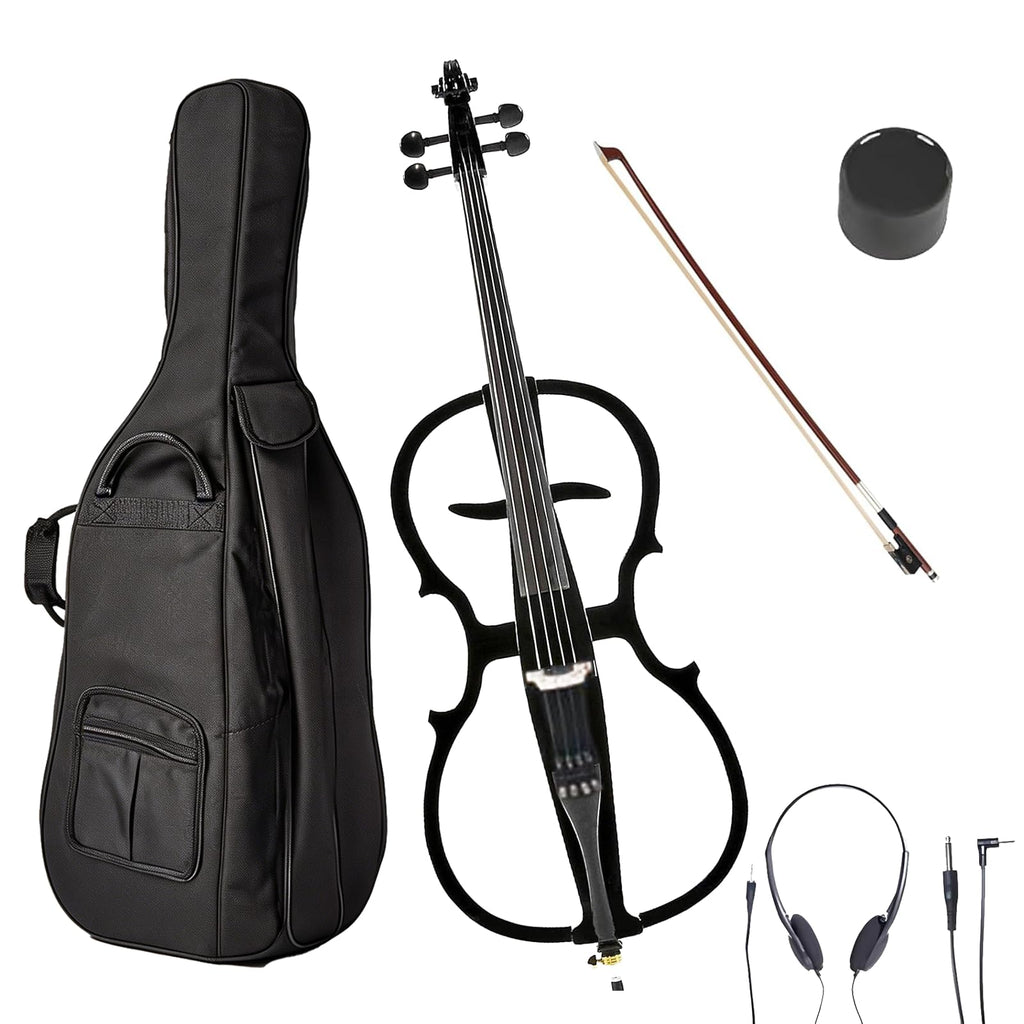 Electric Cello 4/4 Full Size Ebony Fittings with Lightweight Cello Bag, Headphones, Bow, Bridge, Rosin, Cello for Beginners Adults