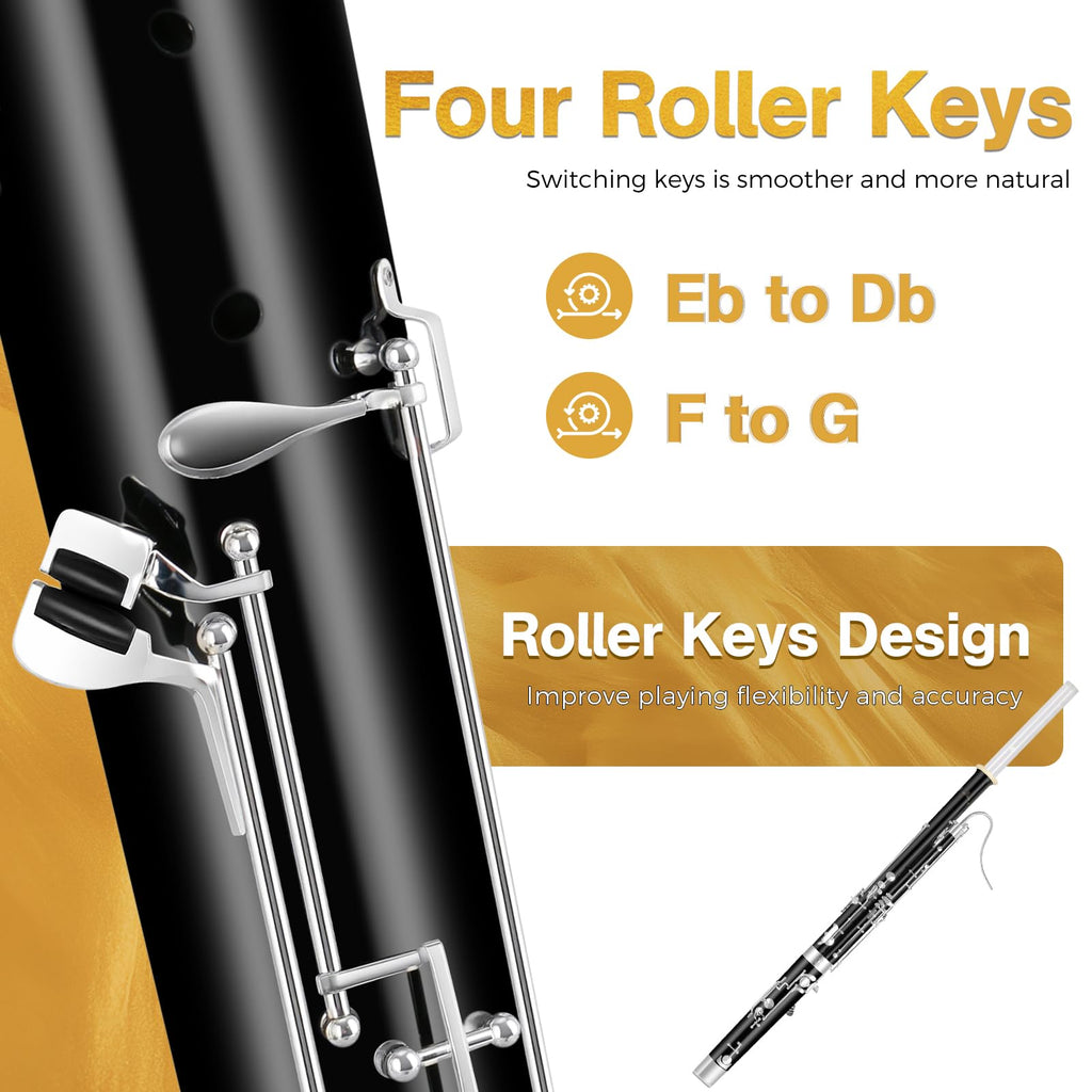 ROWELL Maple Bassoon C Key Bassoon with Self-Locking Mechanism 19 Keys Silver Plated Bassoons Instrument with Case and Care Kit, Ideal for School Band, Orchestra, and Home Practice Black