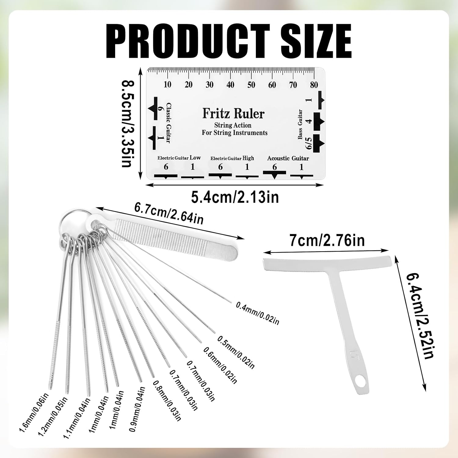 11pcs Guitar Luthier Tools Set, Include 9 Guitar Understring Radius Gauge 1 String Action Gauge Ruler 1 Bridge Saddle Nut Files for Bass Setup Repair Tool Kit