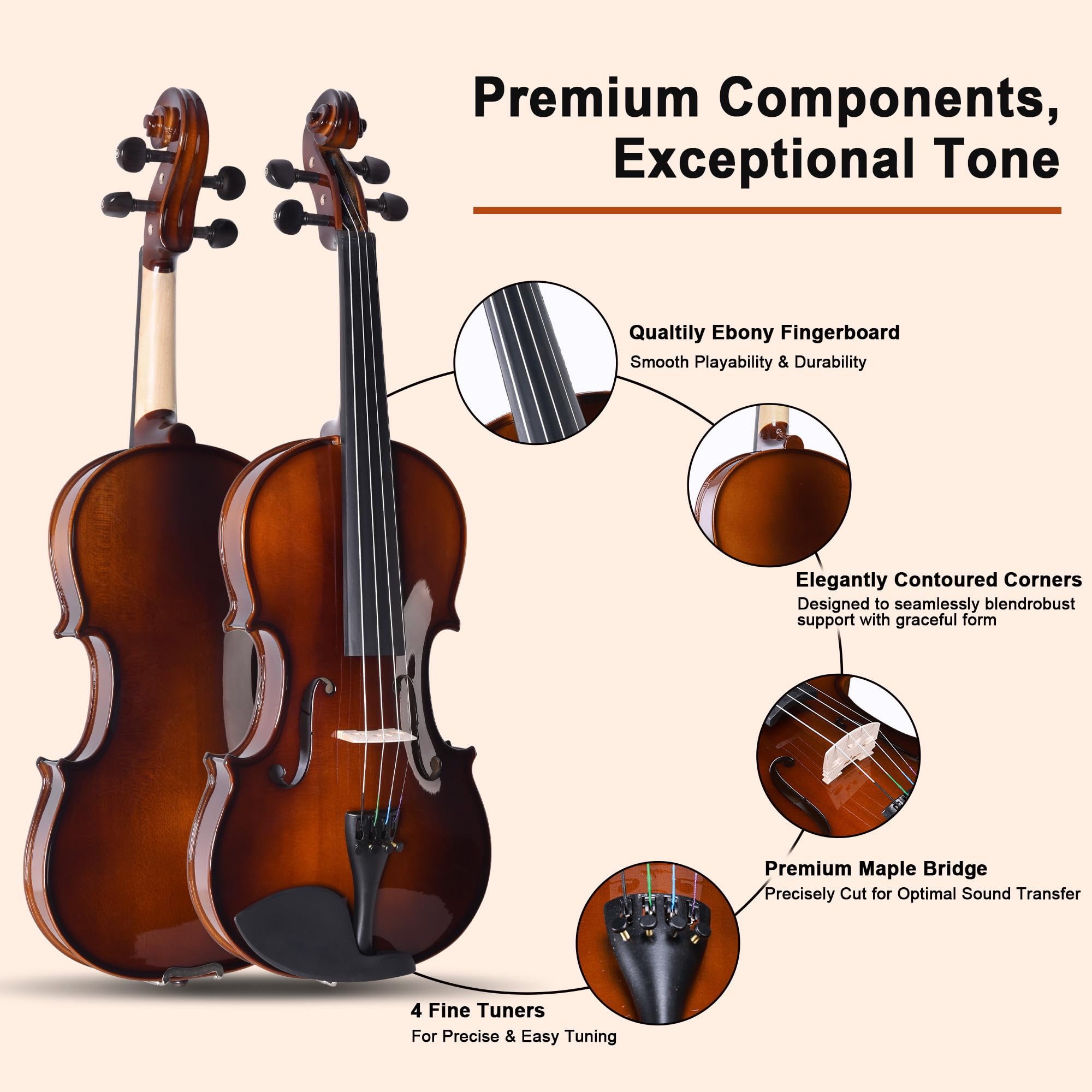 ADM Acoustic Violin for Beginner 4/4 Full Size Violin Set Solid Wood Ebony for Adult Teen Student Starter Kit with Hard Case, Shoulder Rest, Bow, Music Stand, Strings, Free Lessons (Sepia, 4/4 Size)