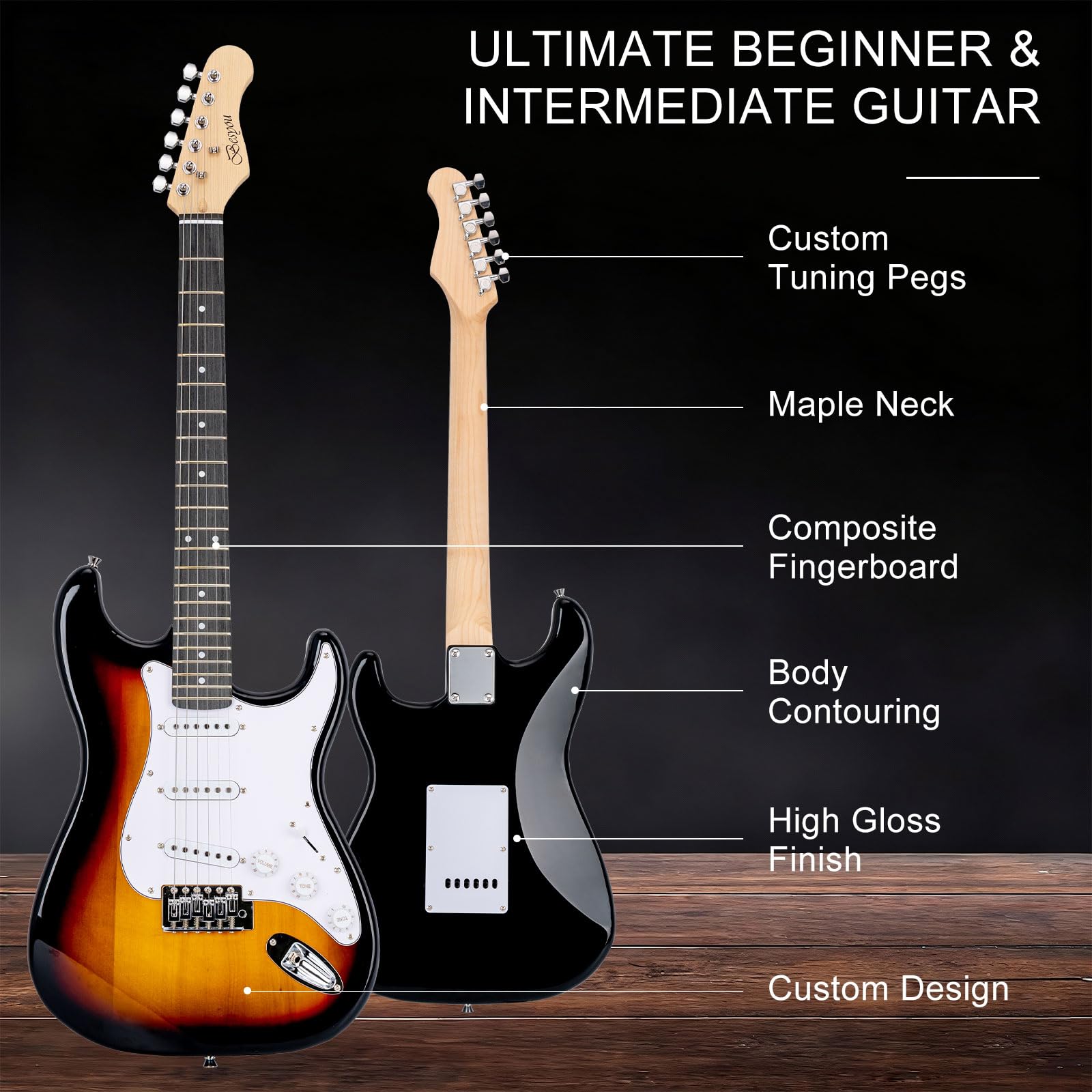39 Inches Full Size Electric Guitar Beginner Electric Guitar Kits with 10W Amp Classic SSS Pickup Complete with Gig Bag Tuner Capo Strap Picks Guitar String Winders Black