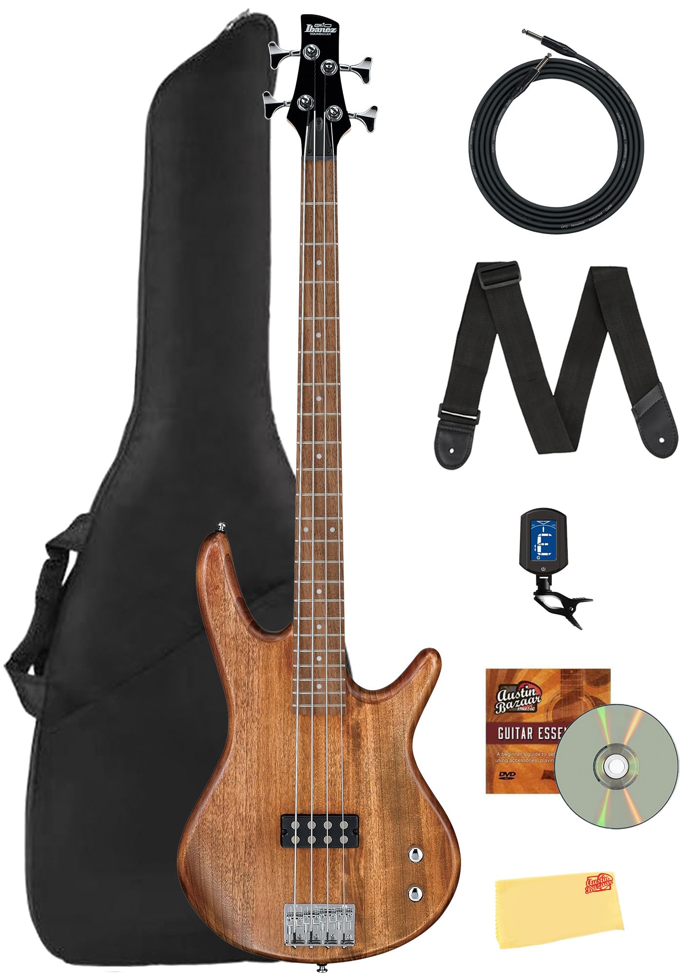 Ibanez GSR205B SR Gio 5-String Bass Guitar - Walnut Flat Bundle with Gig Bag, Tuner, Strap, Cable, Austin Bazaar Instructional DVD, and Polishing Cloth