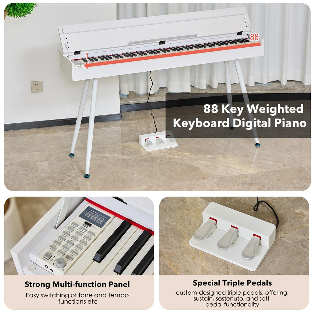 Digital Piano 88 Key Weighted Keyboard,Full-Size Desk Progressive Hammer-Action Electric Piano For Beginners, With Sheet Music Stand, Pedal,Power Adapter, Headphone Mode, Usb-Midi