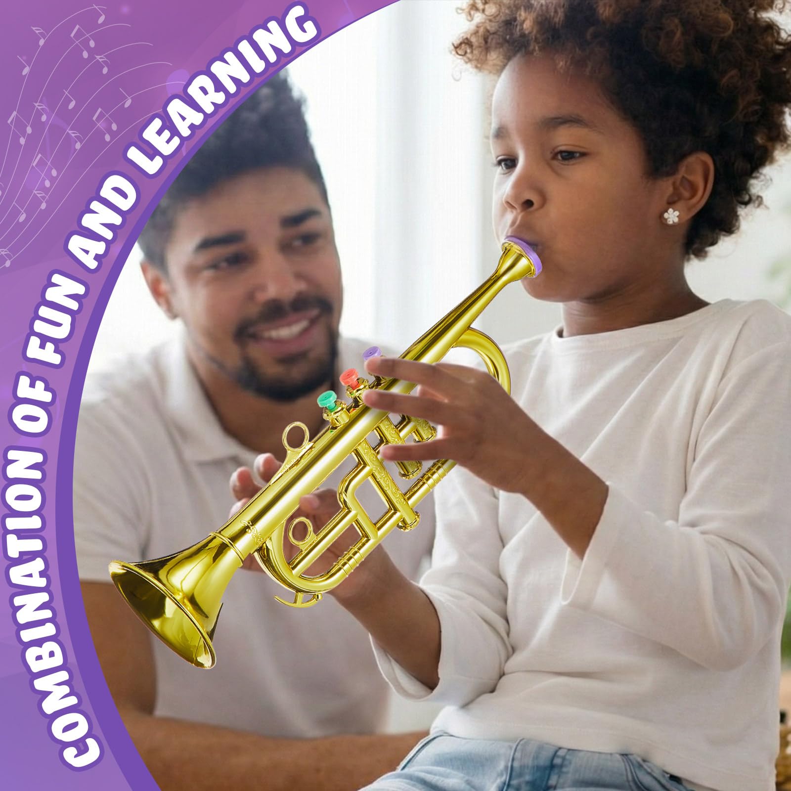 Lewtemi Gold Trumpet Musical Instruments Toy for Kid Toddler Fake Plastic Preschool Music Toy Gift Non-Professional Wind Instrument Early Educational Teaching Songs Gifts for Toddlers Children