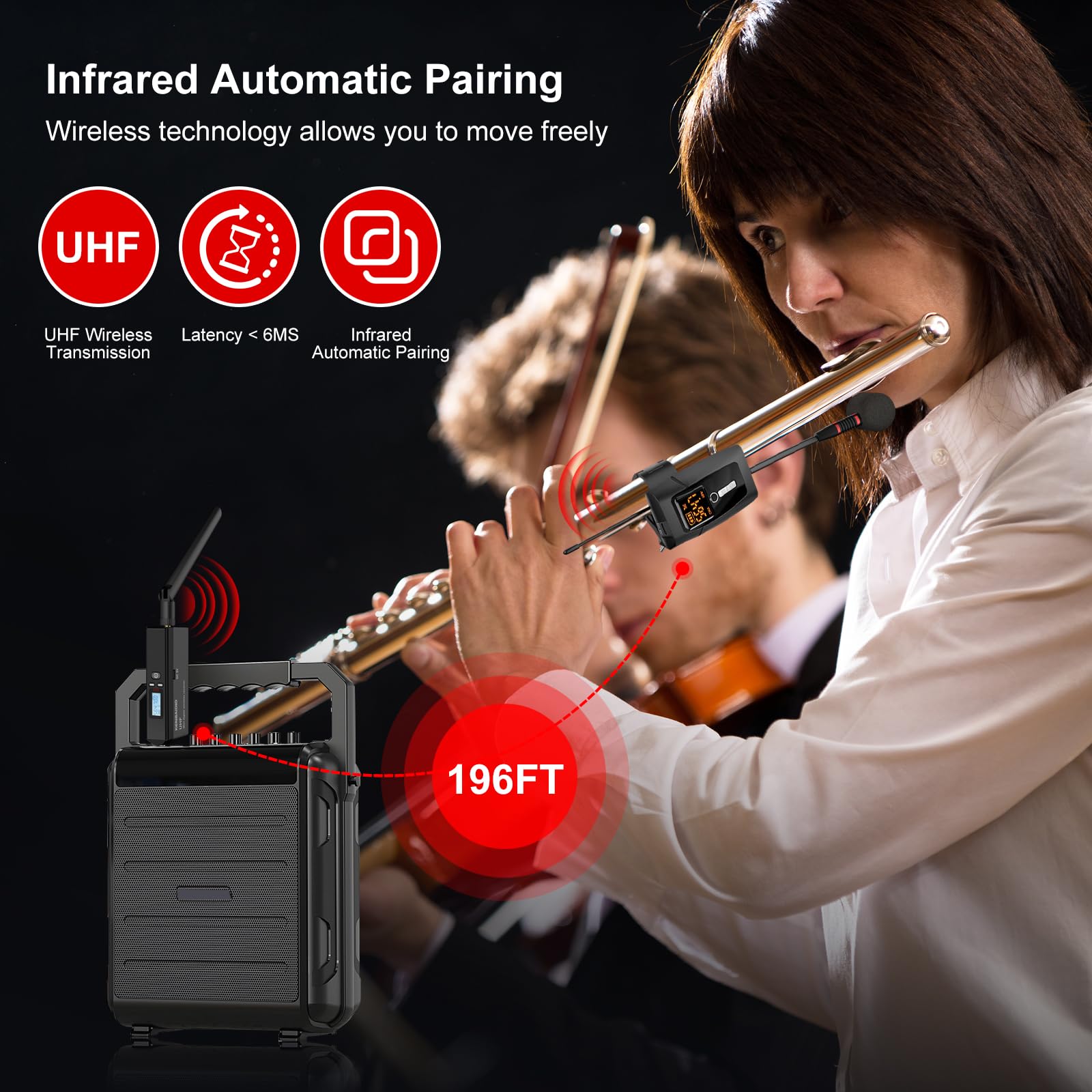 UHF Wireless Violin Cello Microphone System Violin Pickup Clip-on Instrument Microphones with Transmitter and Receiver for Musicians, Teachers, Stage Performances, Active PA Systems, 196ft Range
