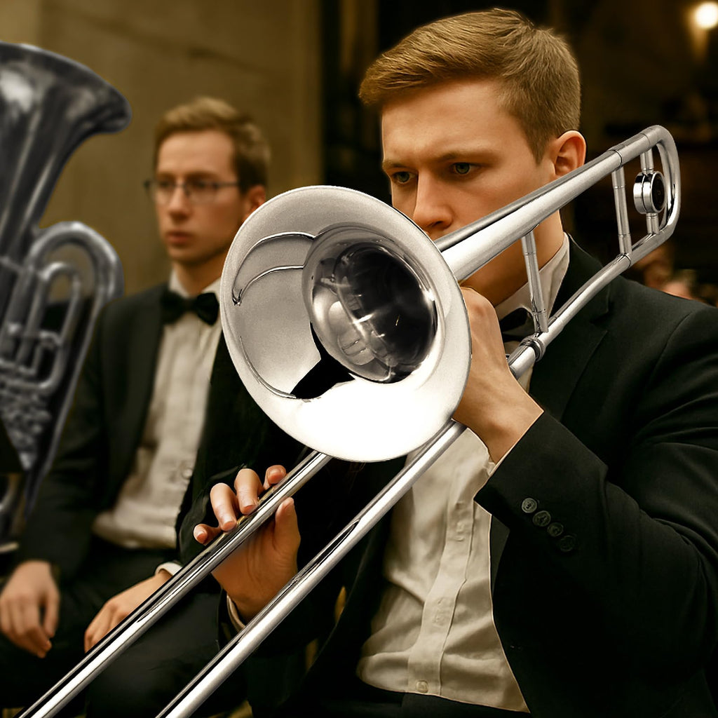 Ktaxon B Flat Tenor Trombone with Mouthpiece, Brass Slide Bb Trombones for Beginners, Portable Instrument Includes Cleaning Cloth, Gloves and Trombone Case (Golden)