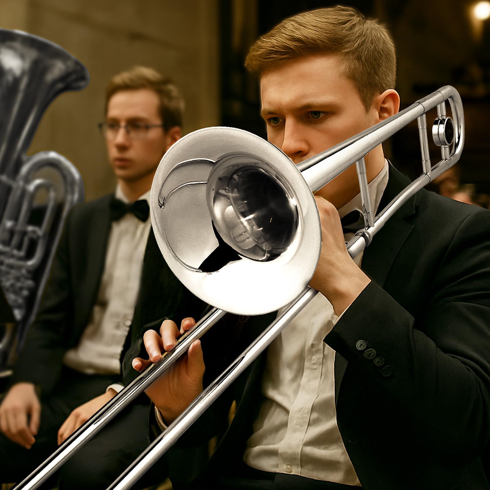 Ktaxon B Flat Tenor Trombone with Mouthpiece, Brass Slide Bb Trombones for Beginners, Portable Instrument Includes Cleaning Cloth, Gloves and Trombone Case (Golden)