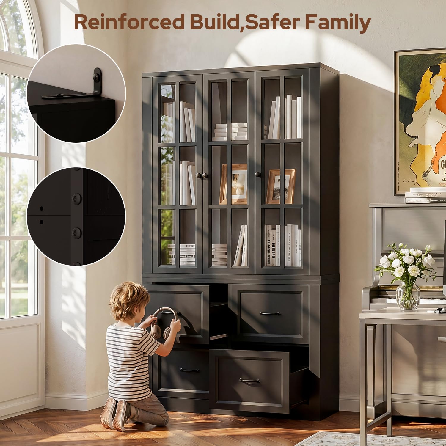 80" Tall Storage Cabinet with Glass Doors, 2-in-1 Modular Bookcase Cabinet, Freestanding Kitchen Pantry Storage Cabinet & Bookshelf for Living Room, Kitchen, Bathroom (4, Cracked Oak, AD)