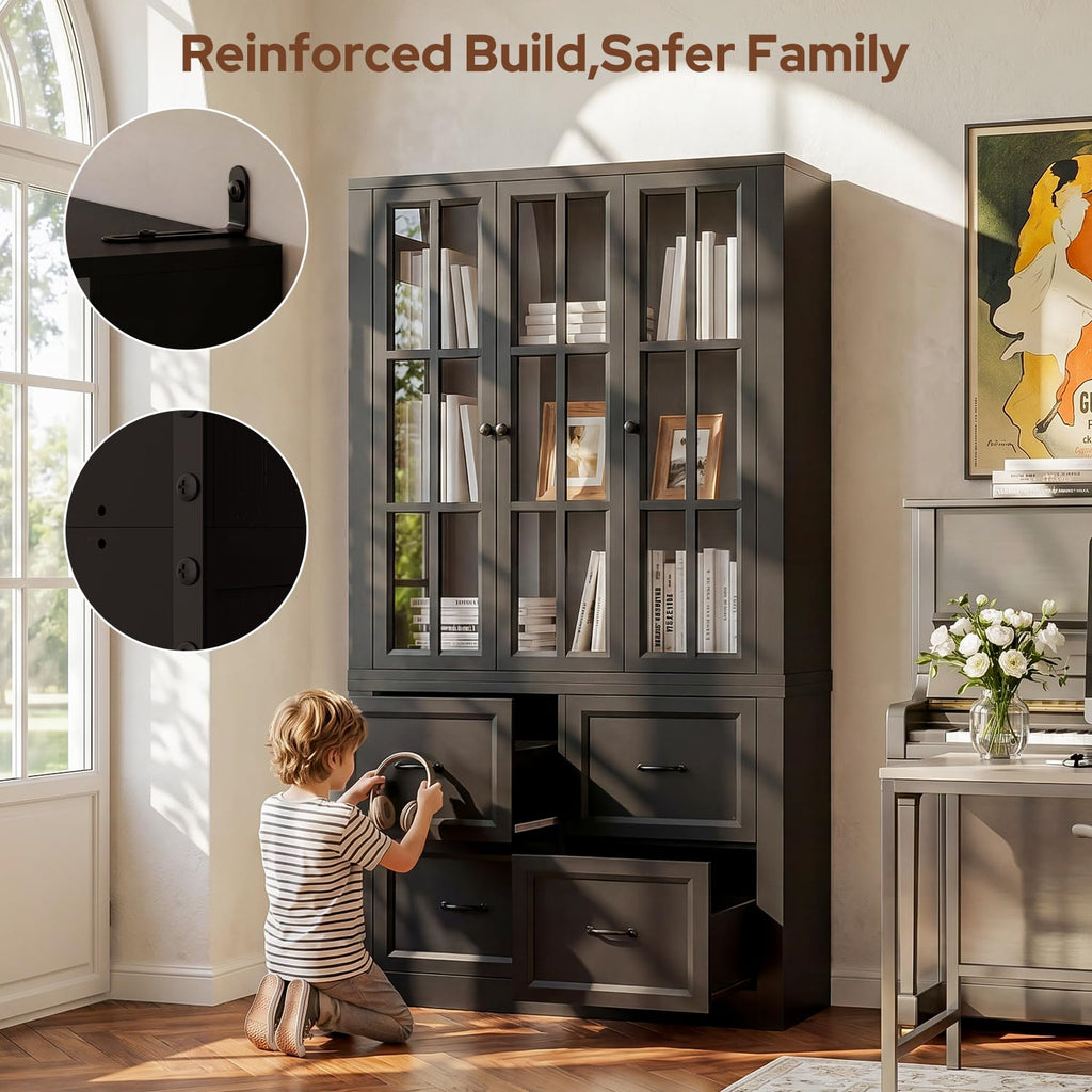 80" Tall Storage Cabinet with Glass Doors, 2-in-1 Modular Bookcase Cabinet, Freestanding Kitchen Pantry Storage Cabinet & Bookshelf for Living Room, Kitchen, Bathroom (4, Cracked Oak, AD)