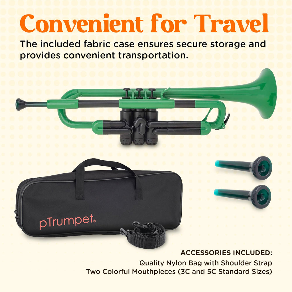 pTrumpet Bb Plastic Trumpet - Durable pInstruments Design with Ergonomic Grip - Includes 3C & 5C Mouthpieces and Carrying Bag - Authentic Sound for Students & Beginners - ABS Build - Green