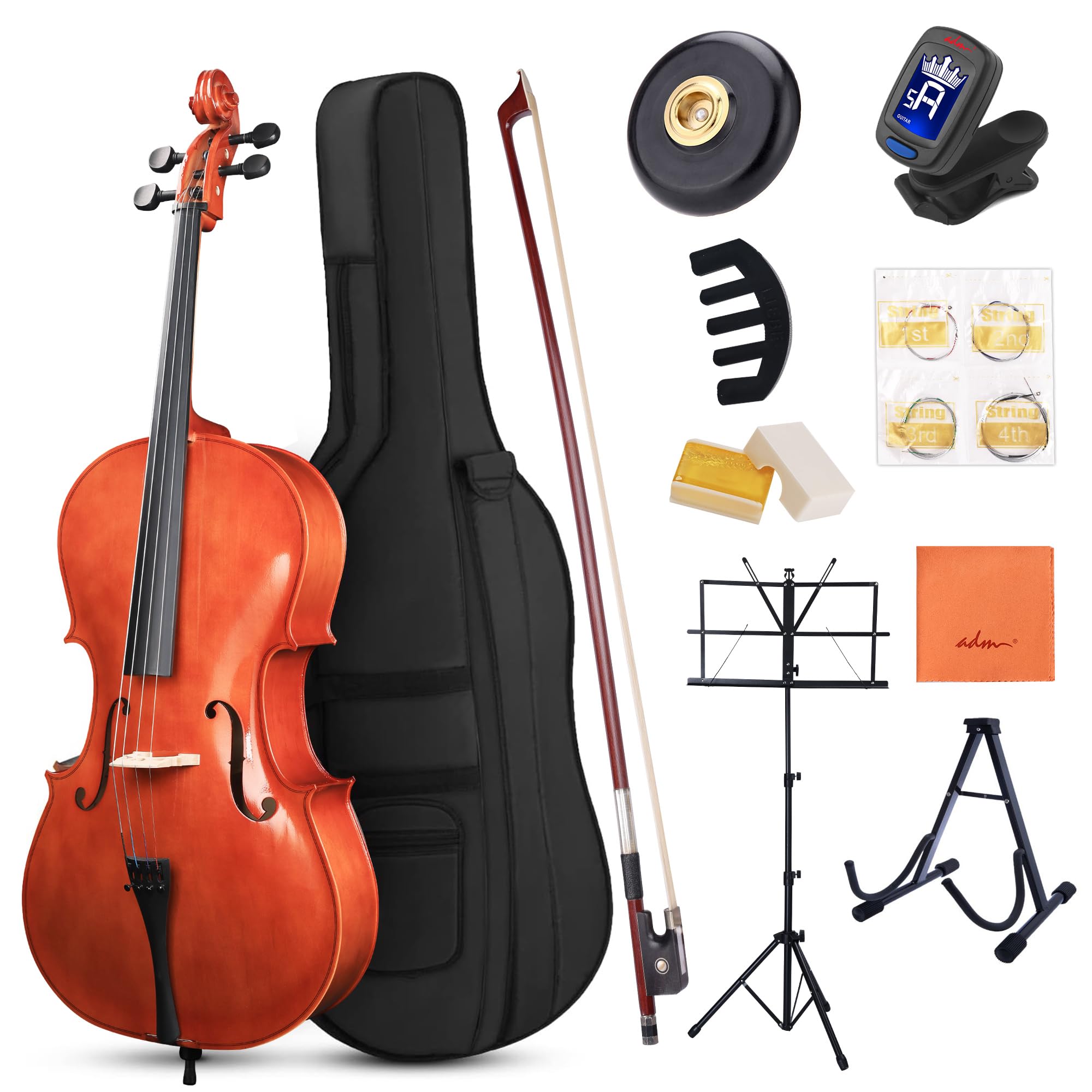 ADM 4/4 Full Size Acoustic Cello, Beginner Acoustic Cello Kit with Portable Bag, Stand, Bow, Mute, Rosin, Endpin Holder for Beginner Adults & Students