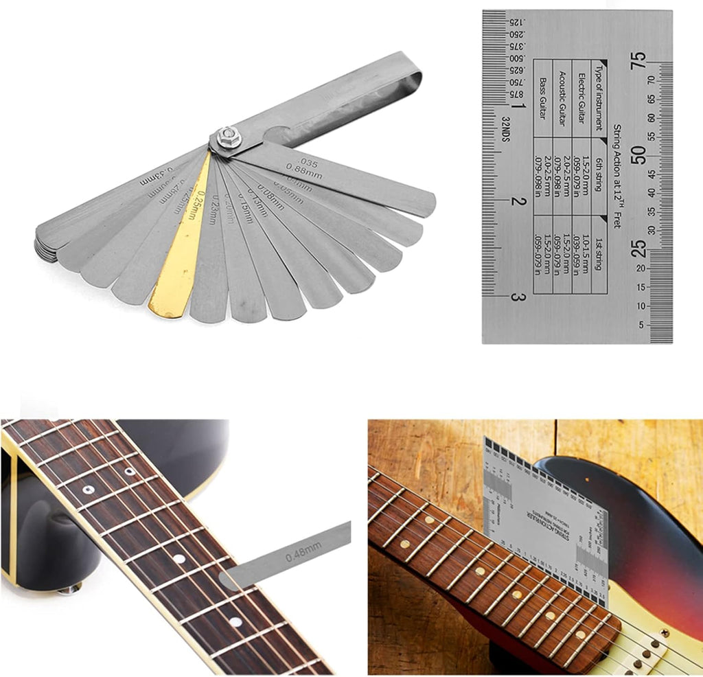 Jiawu Guitar String Action Gauge Ruler 32 Piece Feeler Gauges Set Fingerboard Fret Protector Guards Stainless Steel Measuring Tool