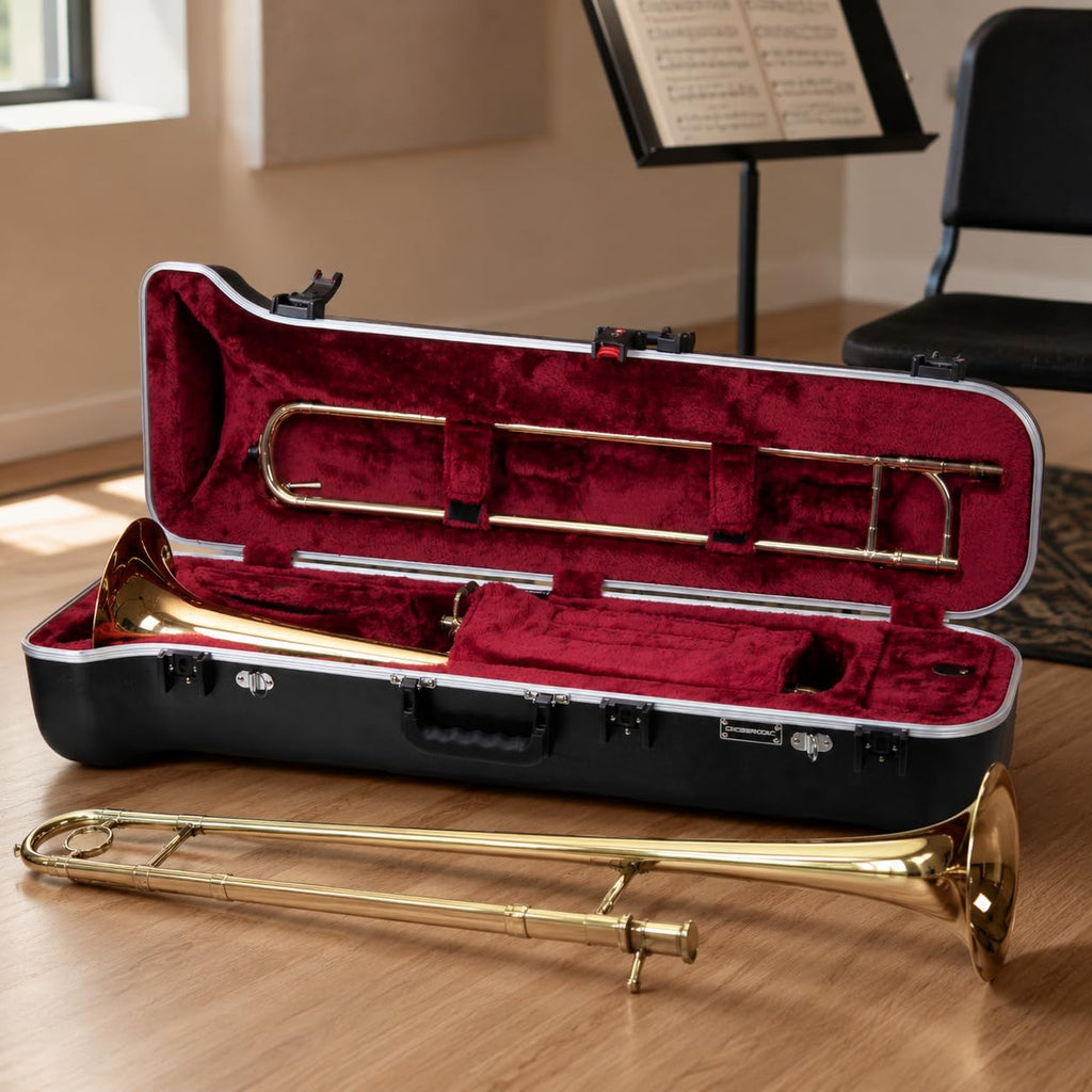 Crossrock Tenor Trombone Flight Case — Fits Bb Tenor with F-Attachment | Shockproof Design, Security Lock, Plush Interior, Single Shoulder Strap & Accessory Compartment (CRA980TBBK)
