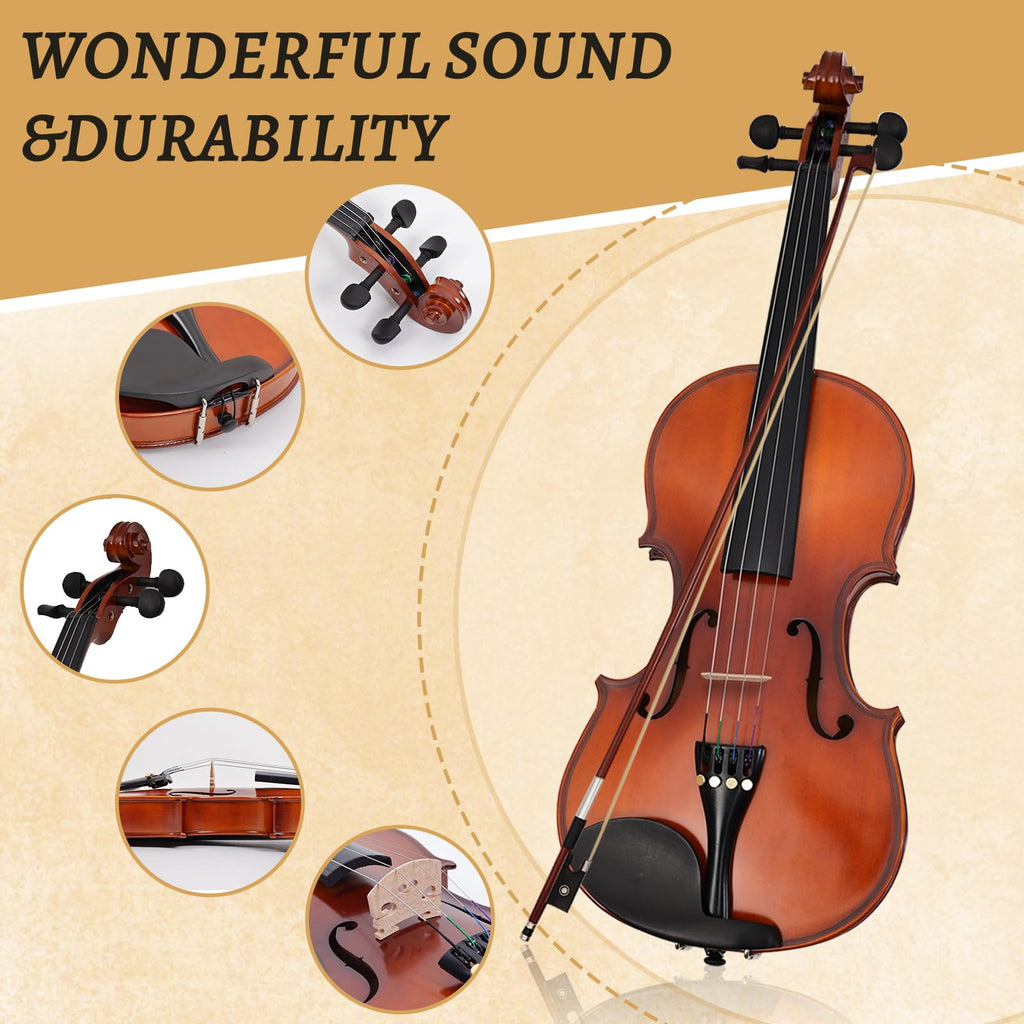 Electric/Acoustic Violin with Ebony Accessories with Carrying Case, Violin Bow, Bridge, Shoulder Rest, Stickers, Tuner, Instruction, Handcraft with Maple, Spruce (White)