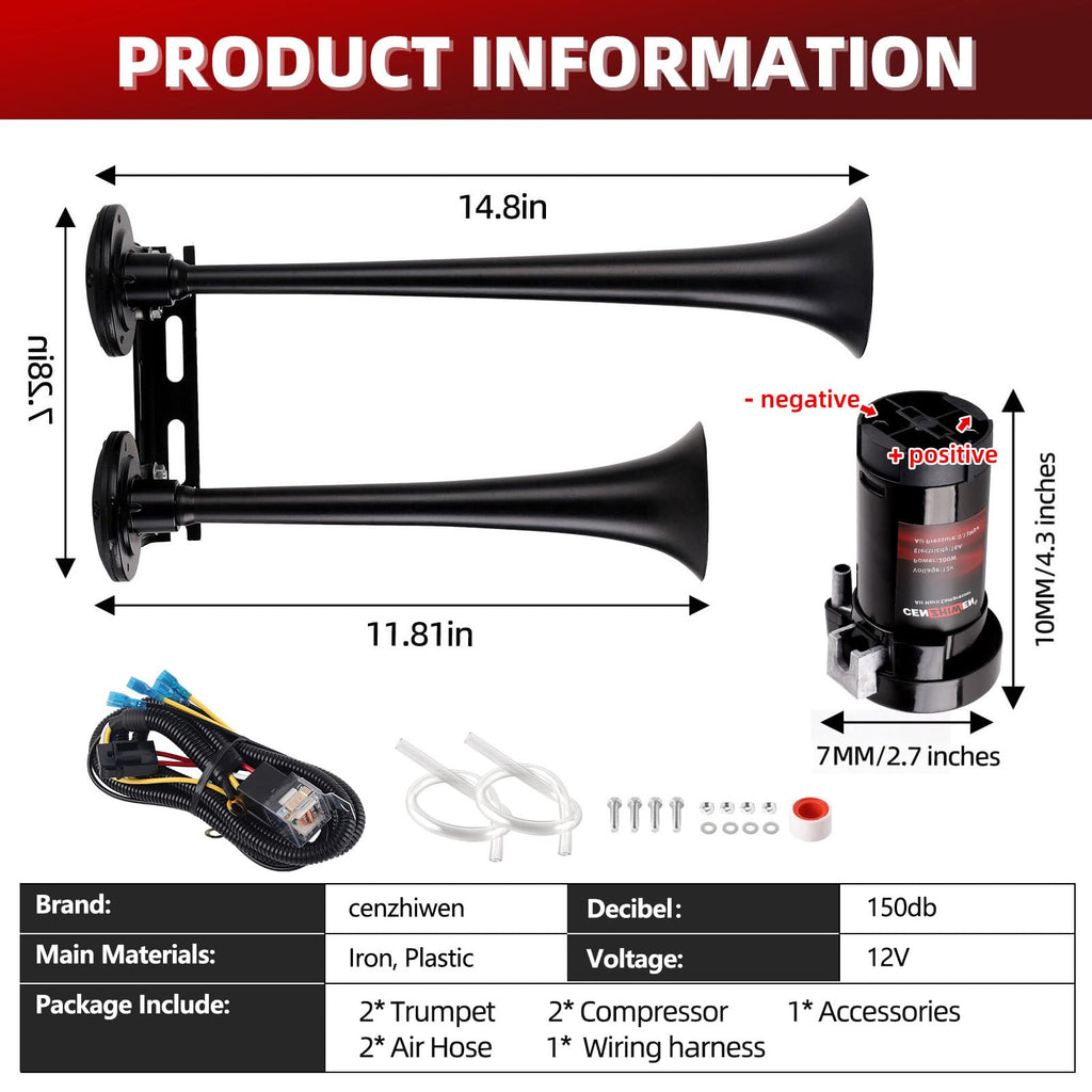 Dual 2-Trumpet Metal Air Horn for truck Kit with 2 air Compressors,12V 150dB Ultra Loud impact train car horn moto horn is suitable for pickup/SUV/Boat (Two-tube integrated)