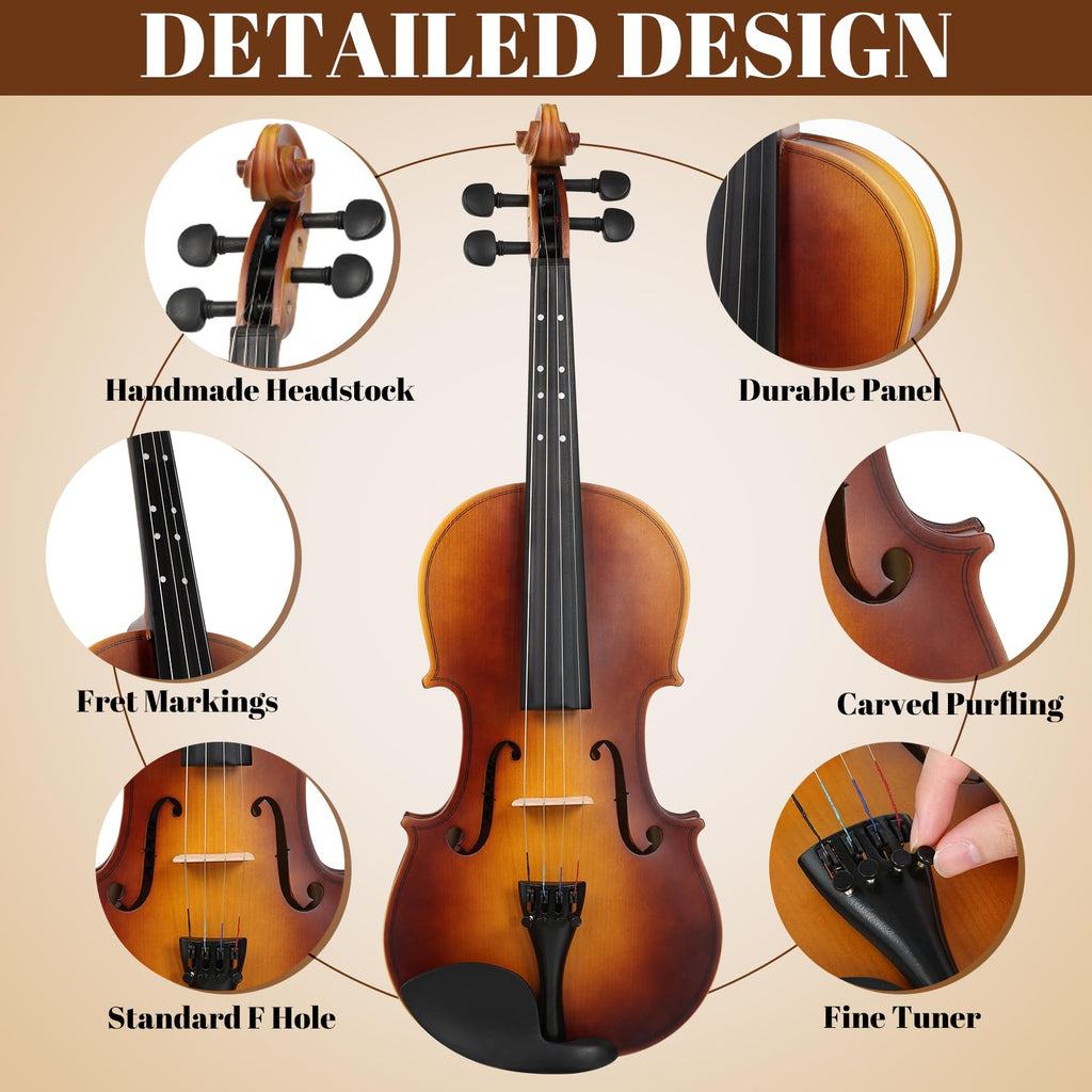Kmise Violin 4/4 Full Set, Fingerboard Fret Markings Violins, Matte Acoustic Fiddle for Adults, Beginners, Students with Violin Case, Rosin, Strings, Bow, Shoulder Rest, Beginner's Guide (Matte, 4/4)
